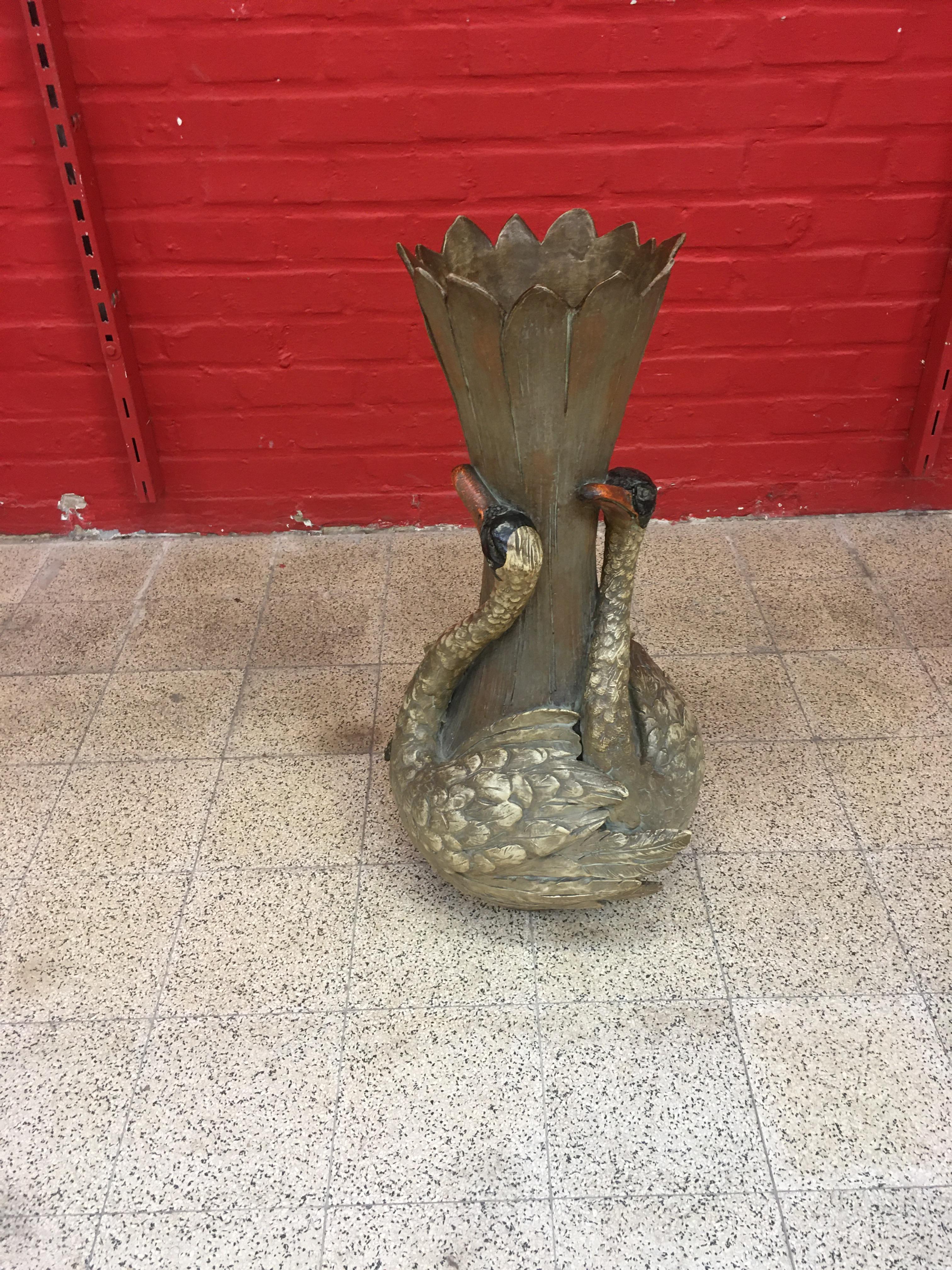 Large Art Nouveau Terracotta Vase with Swans Decoration, Signed, circa 1900 In Good Condition For Sale In Saint-Ouen, FR