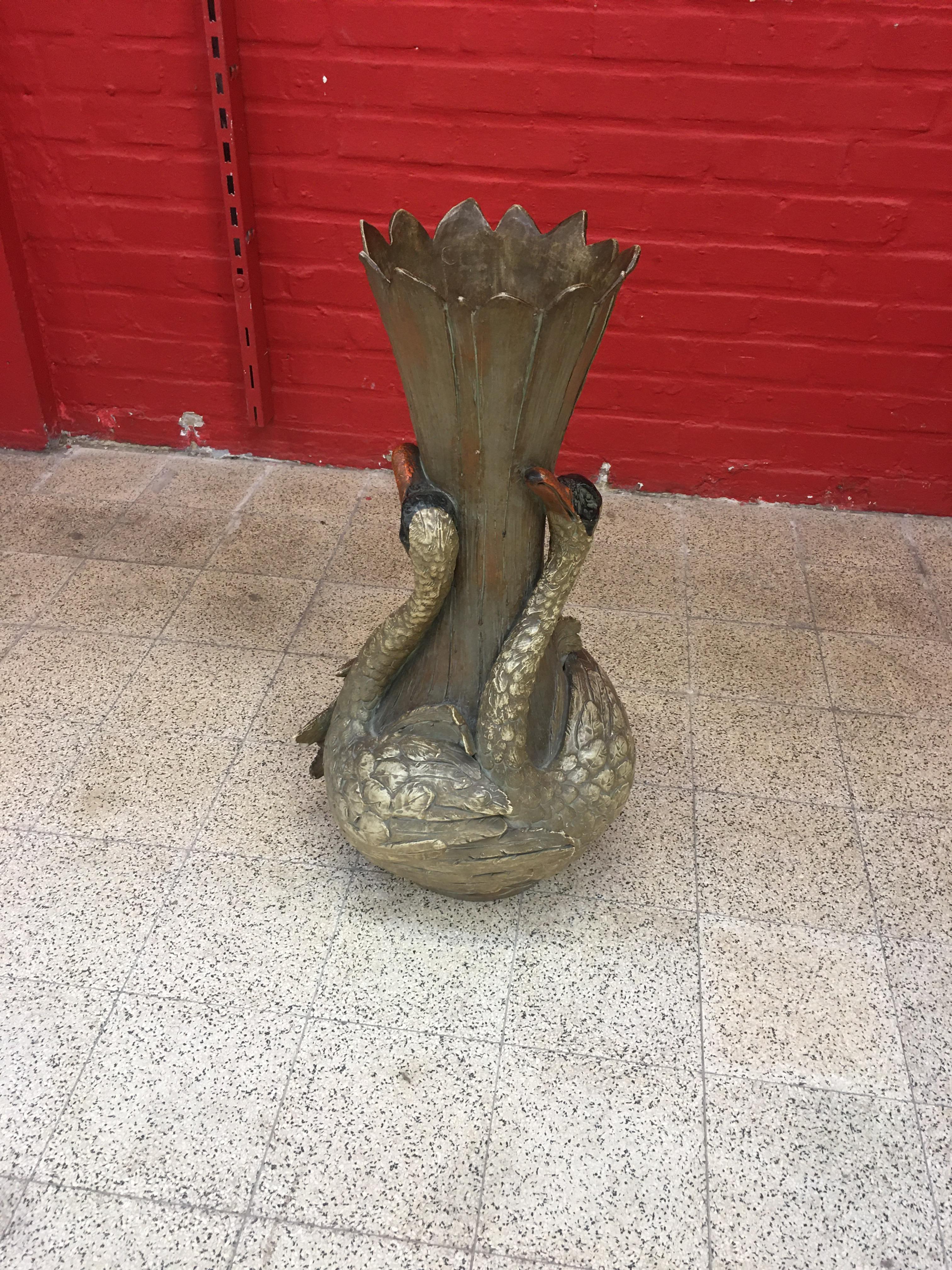 Large Art Nouveau Terracotta Vase with Swans Decoration, Signed, circa 1900 For Sale 1