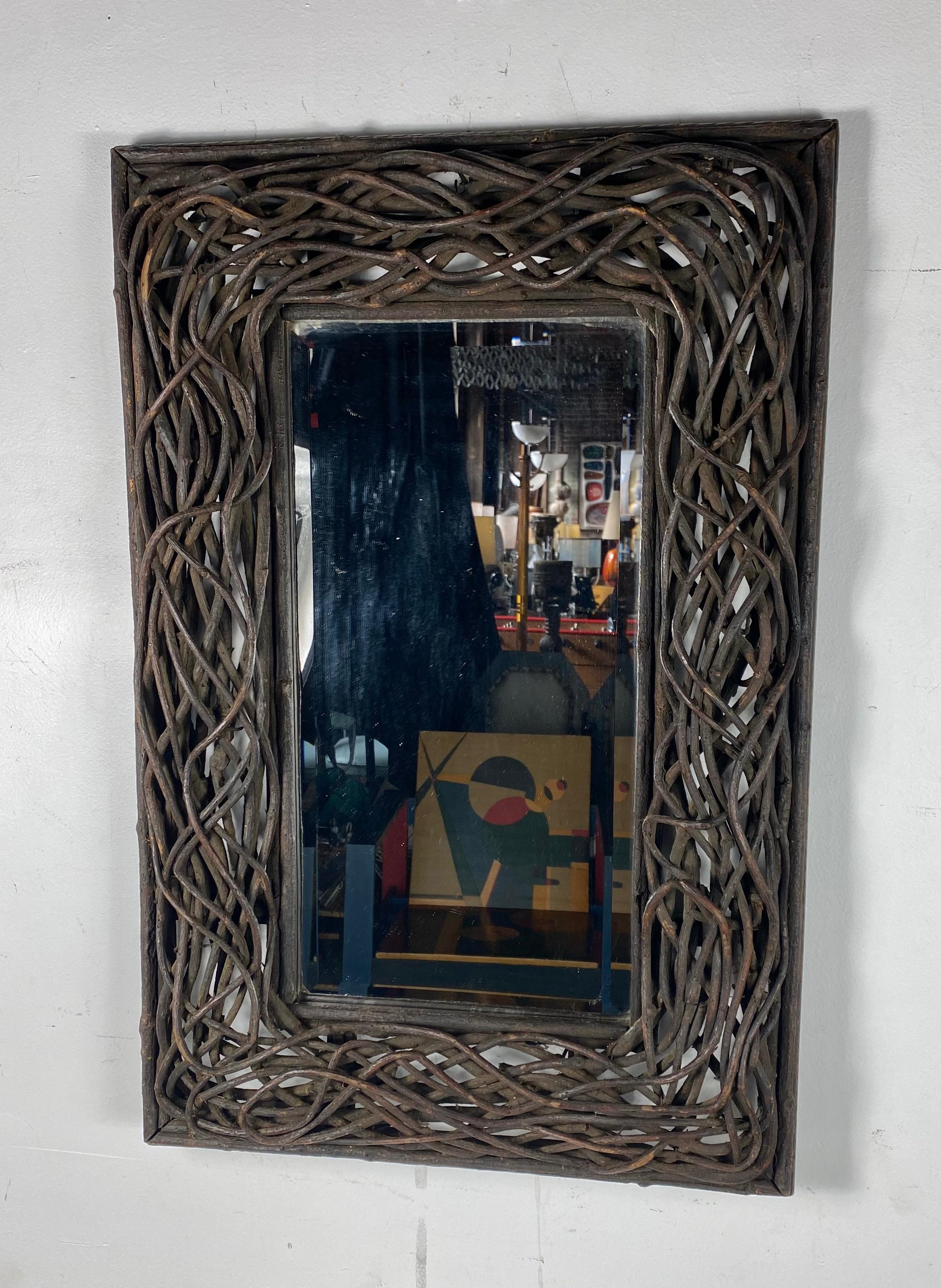 Large oversized twig / branch mirror with beveled glass, adirondak- rustic, stunning design, almost Art Nouveau in style and design, great quality.