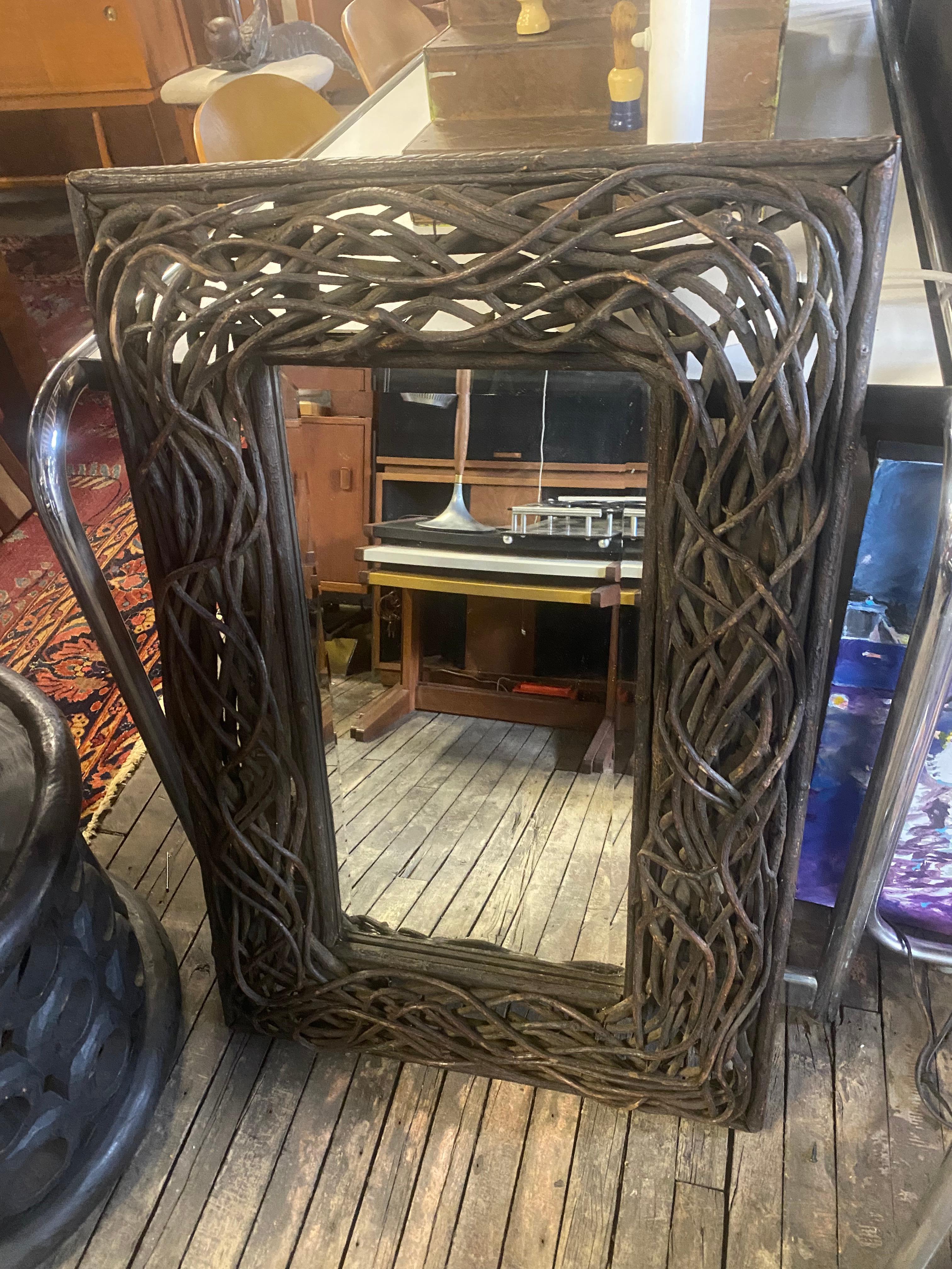 Large Art Nouveau Twig / Branch Mirror with Beveled Glass, Adirondak Rustic In Good Condition In Buffalo, NY
