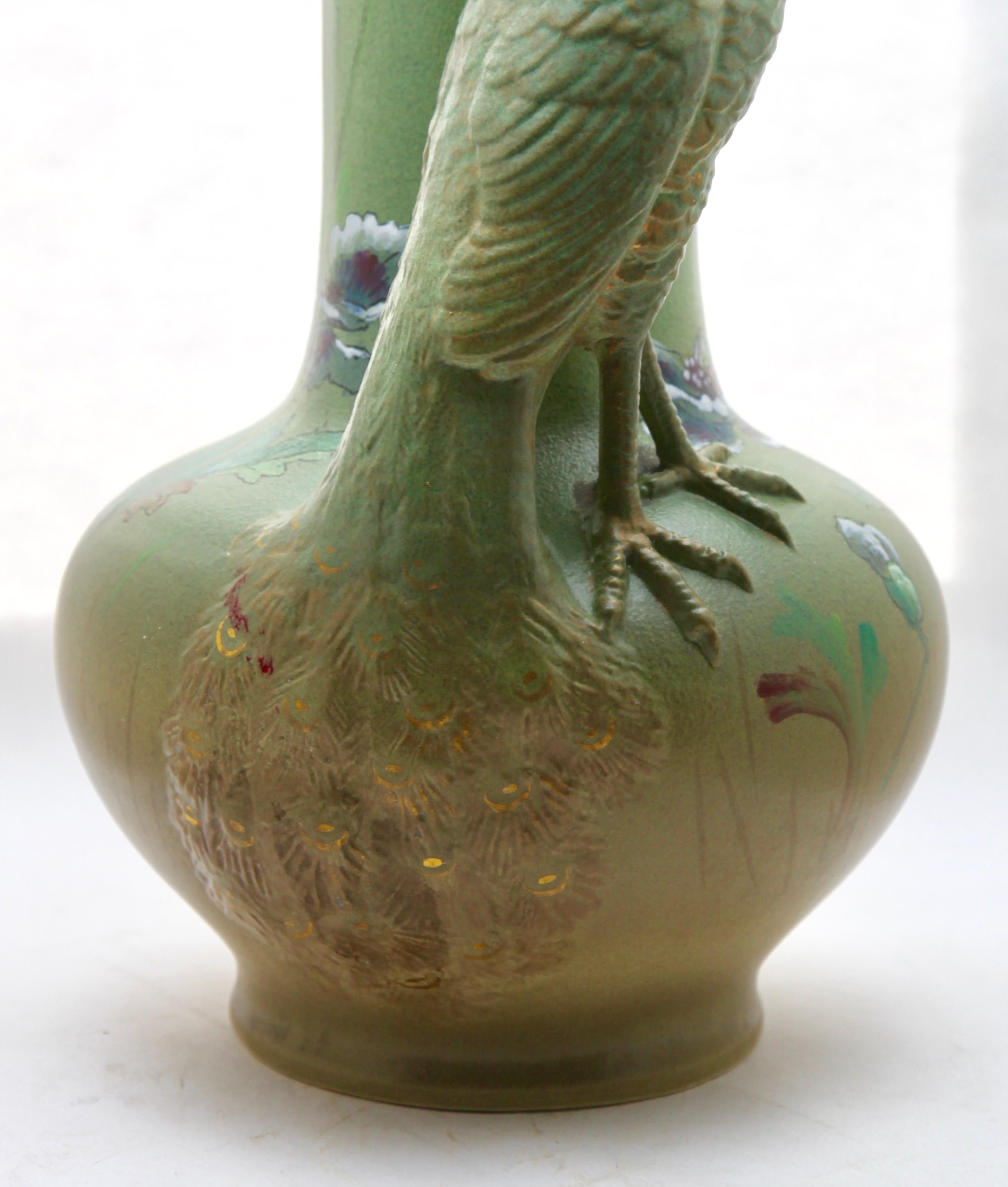 Large Art Nouveau Vase with a Sculpted Peacock and 'Opium' Poppies 3