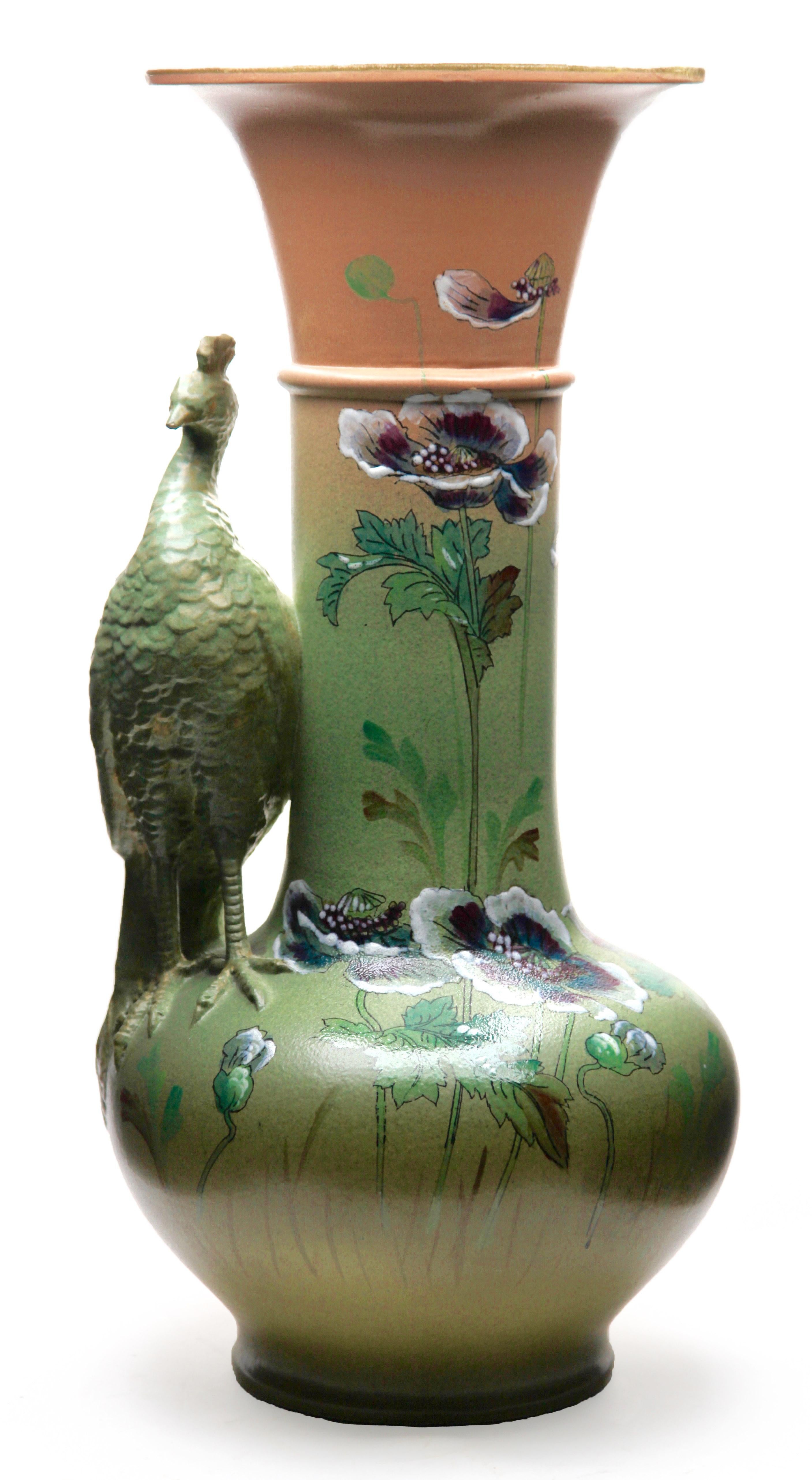 Belgian Large Art Nouveau Vase with a Sculpted Peacock and 'Opium' Poppies
