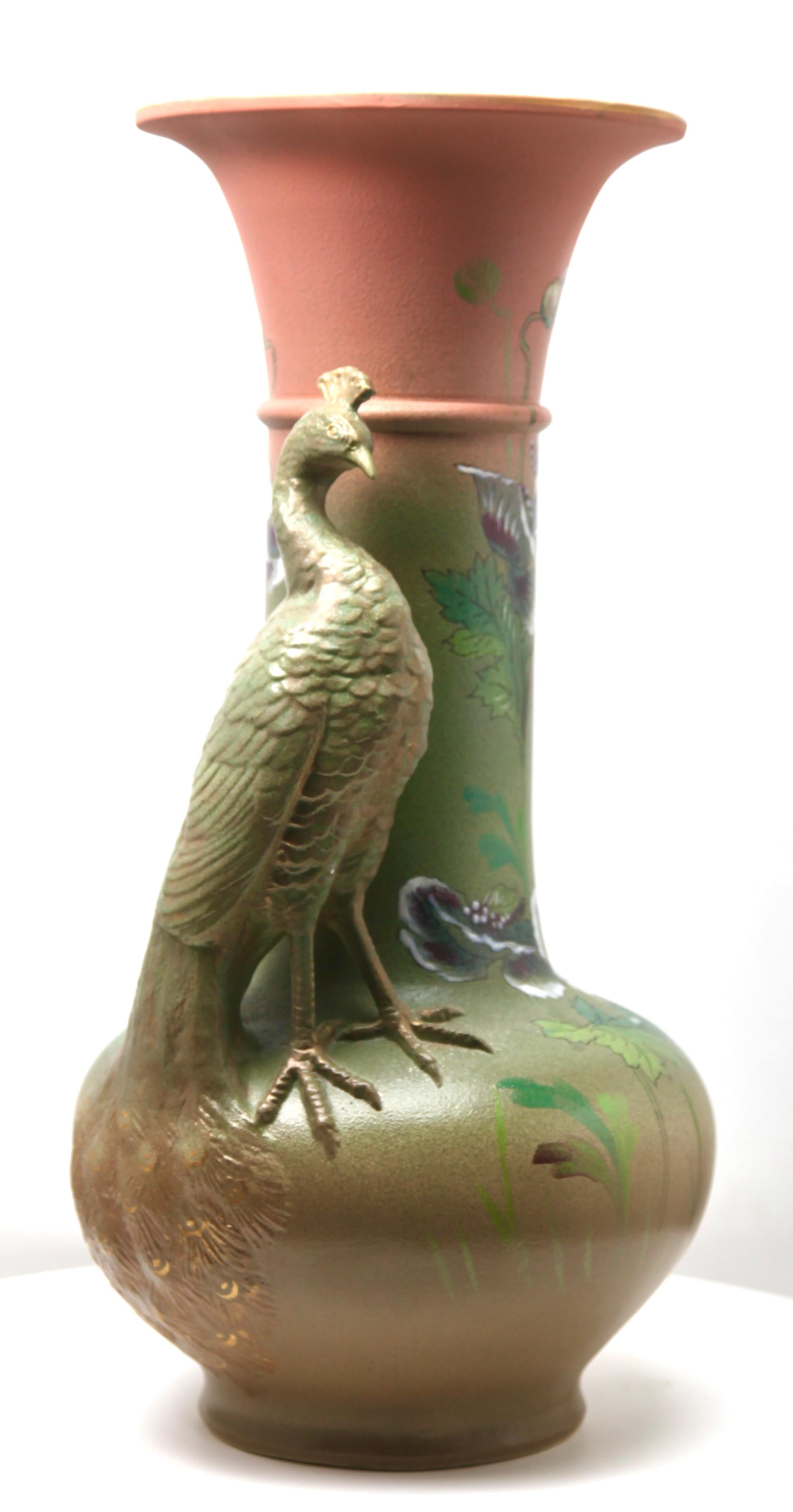 Belgian Large Art Nouveau Vase with a Sculpted Peacock and 'Opium' Poppies For Sale