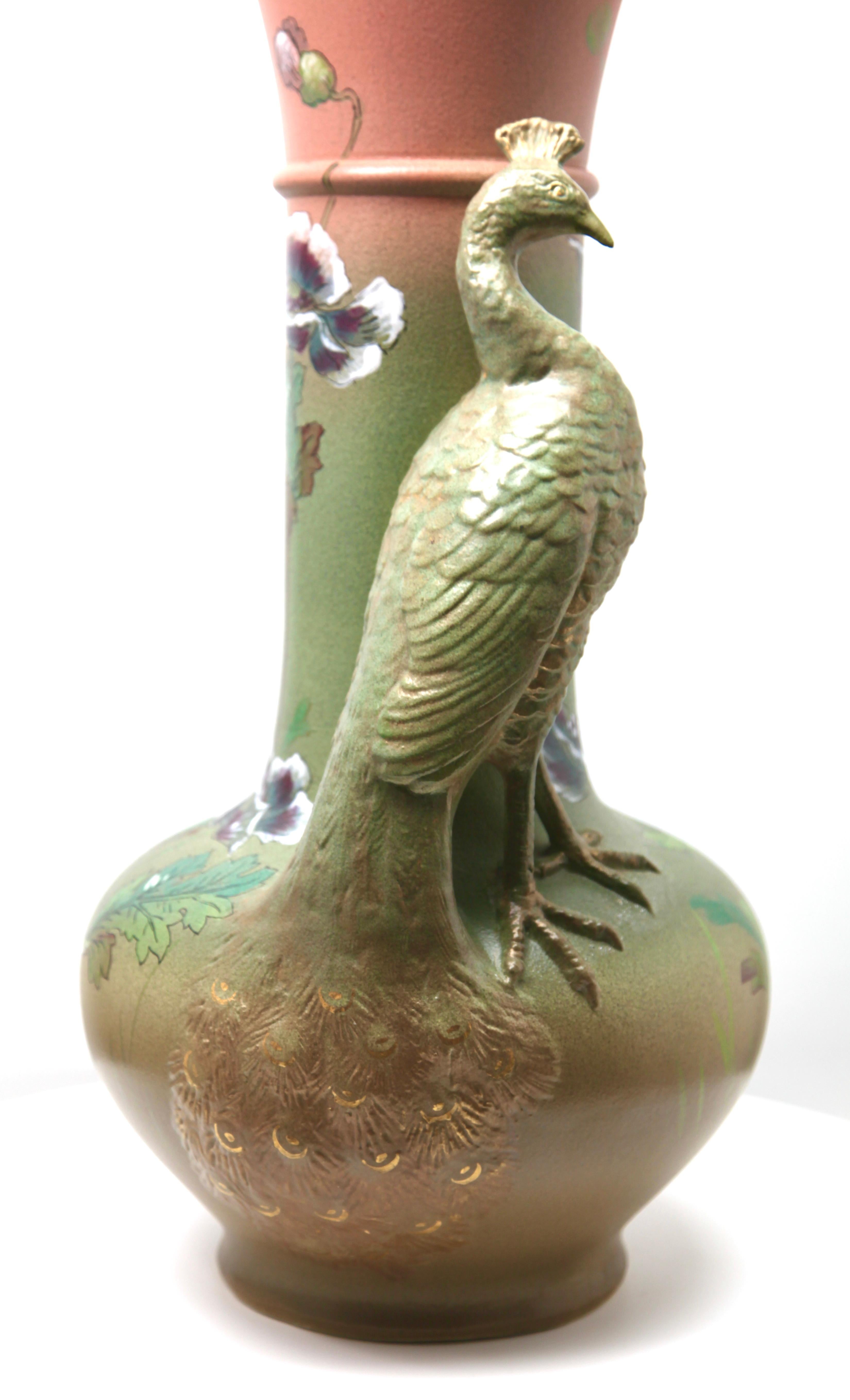 Enameled Large Art Nouveau Vase with a Sculpted Peacock and 'Opium' Poppies For Sale