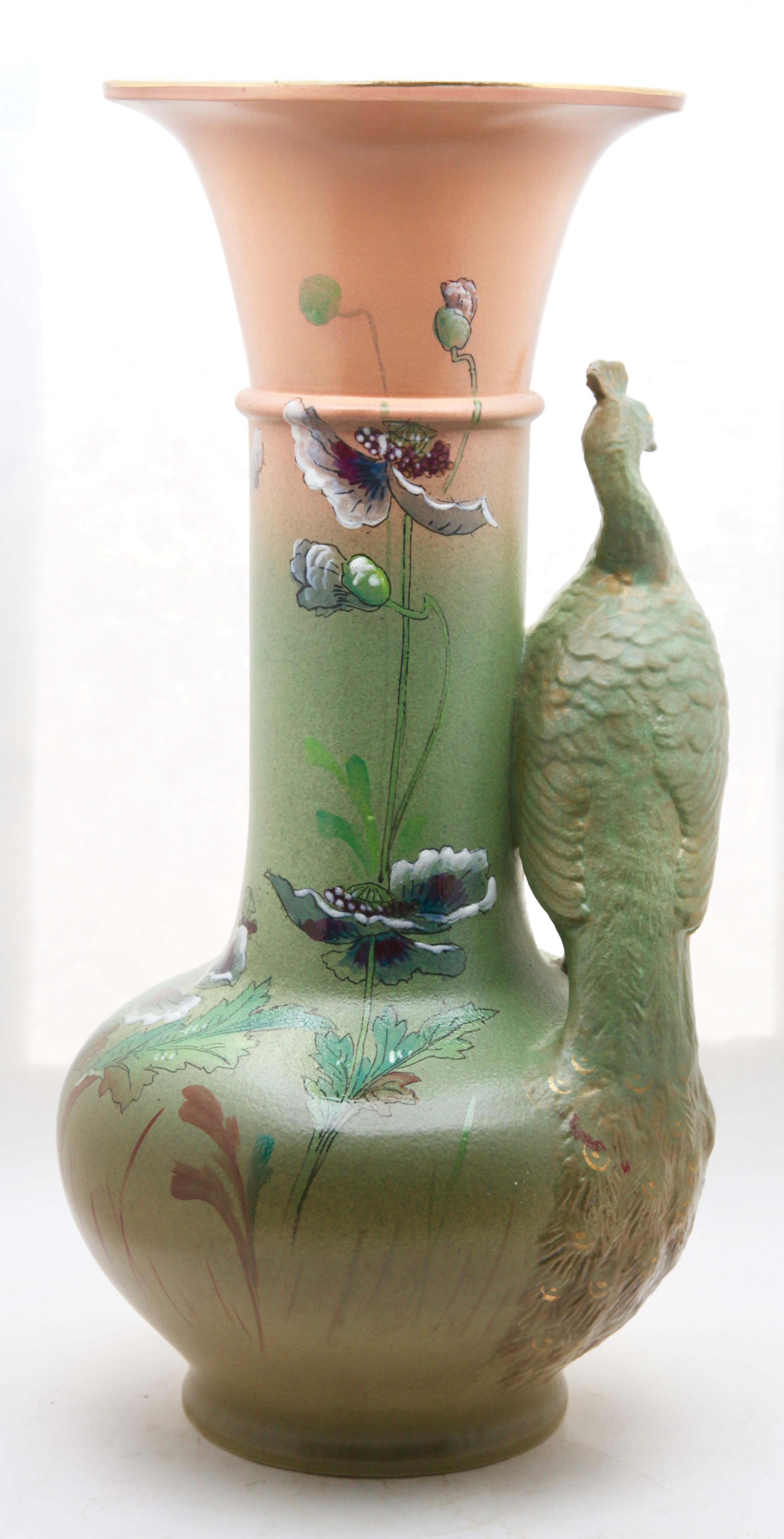 Large Art Nouveau Vase with a Sculpted Peacock and 'Opium' Poppies In Good Condition In Verviers, BE