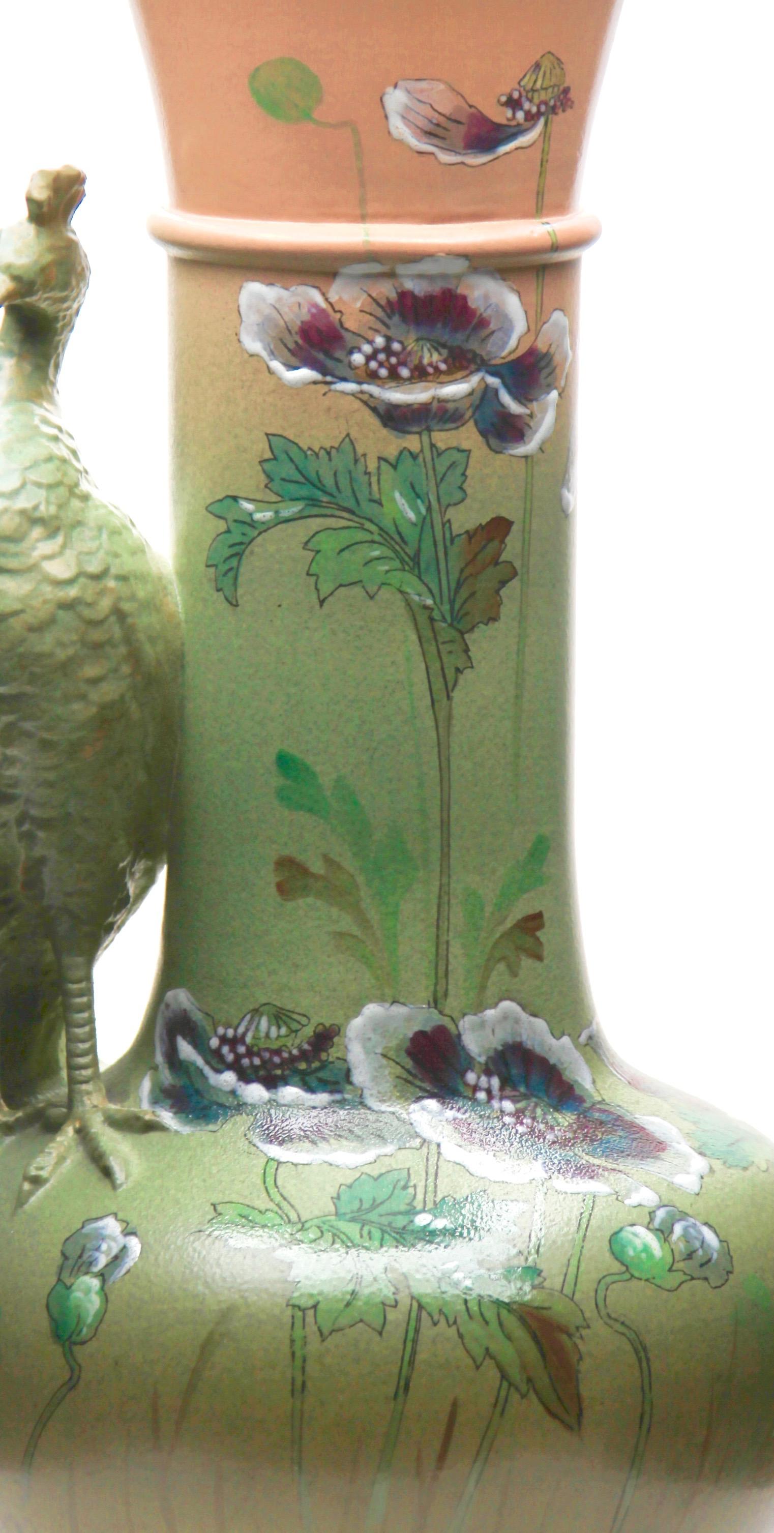 Mid-20th Century Large Art Nouveau Vase with a Sculpted Peacock and 'Opium' Poppies