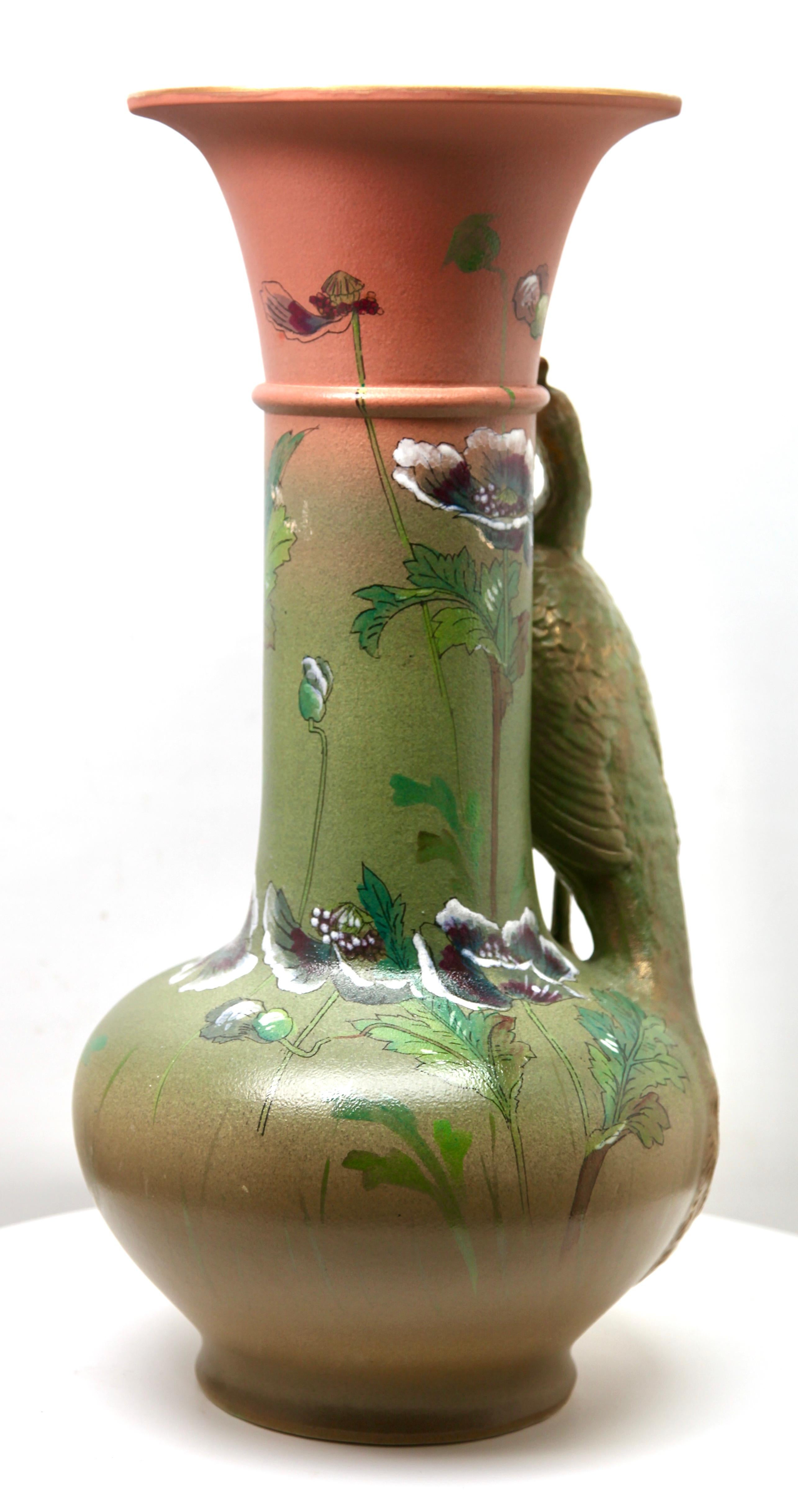 Mid-20th Century Large Art Nouveau Vase with a Sculpted Peacock and 'Opium' Poppies For Sale