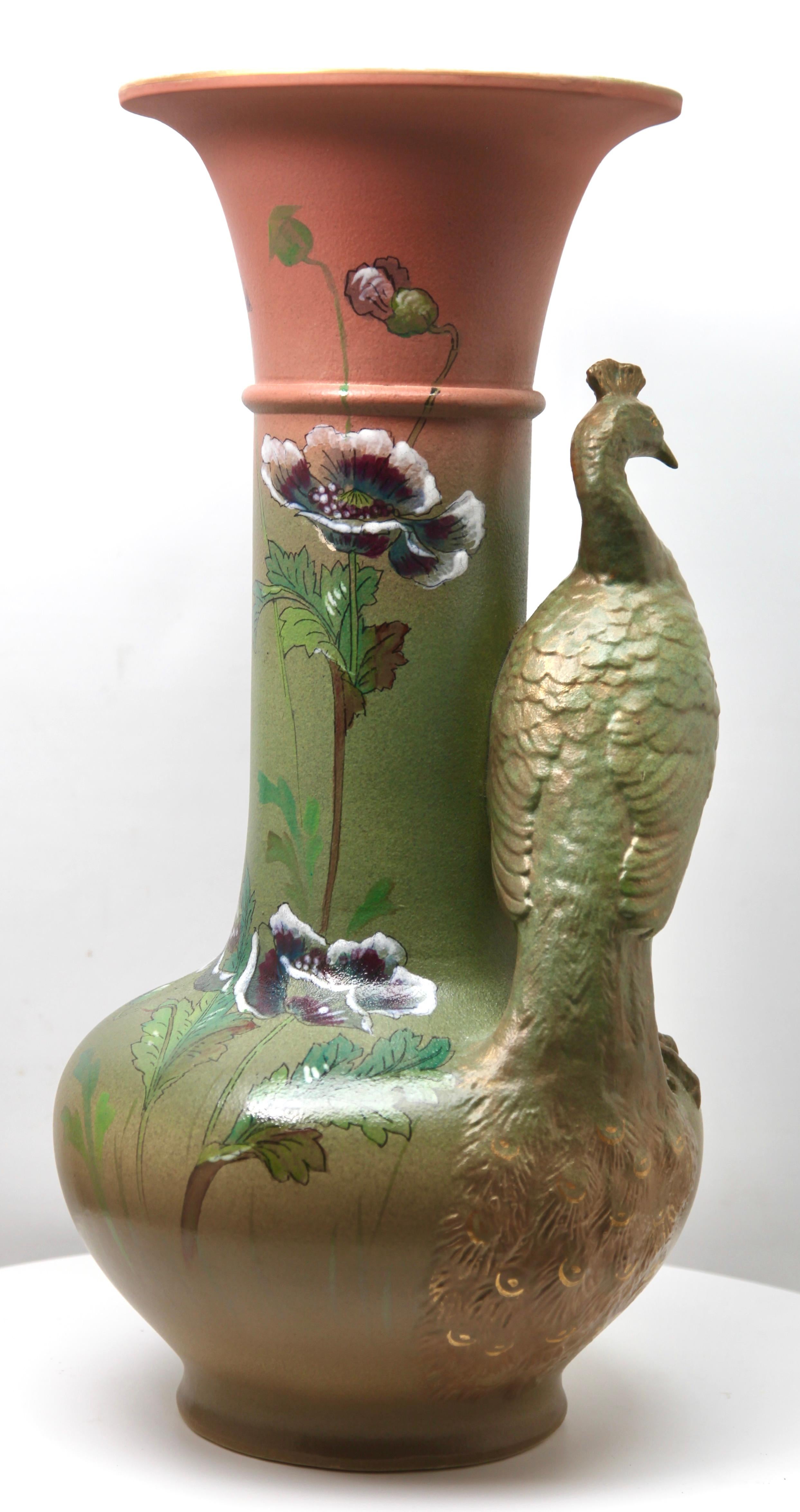 Ceramic Large Art Nouveau Vase with a Sculpted Peacock and 'Opium' Poppies For Sale