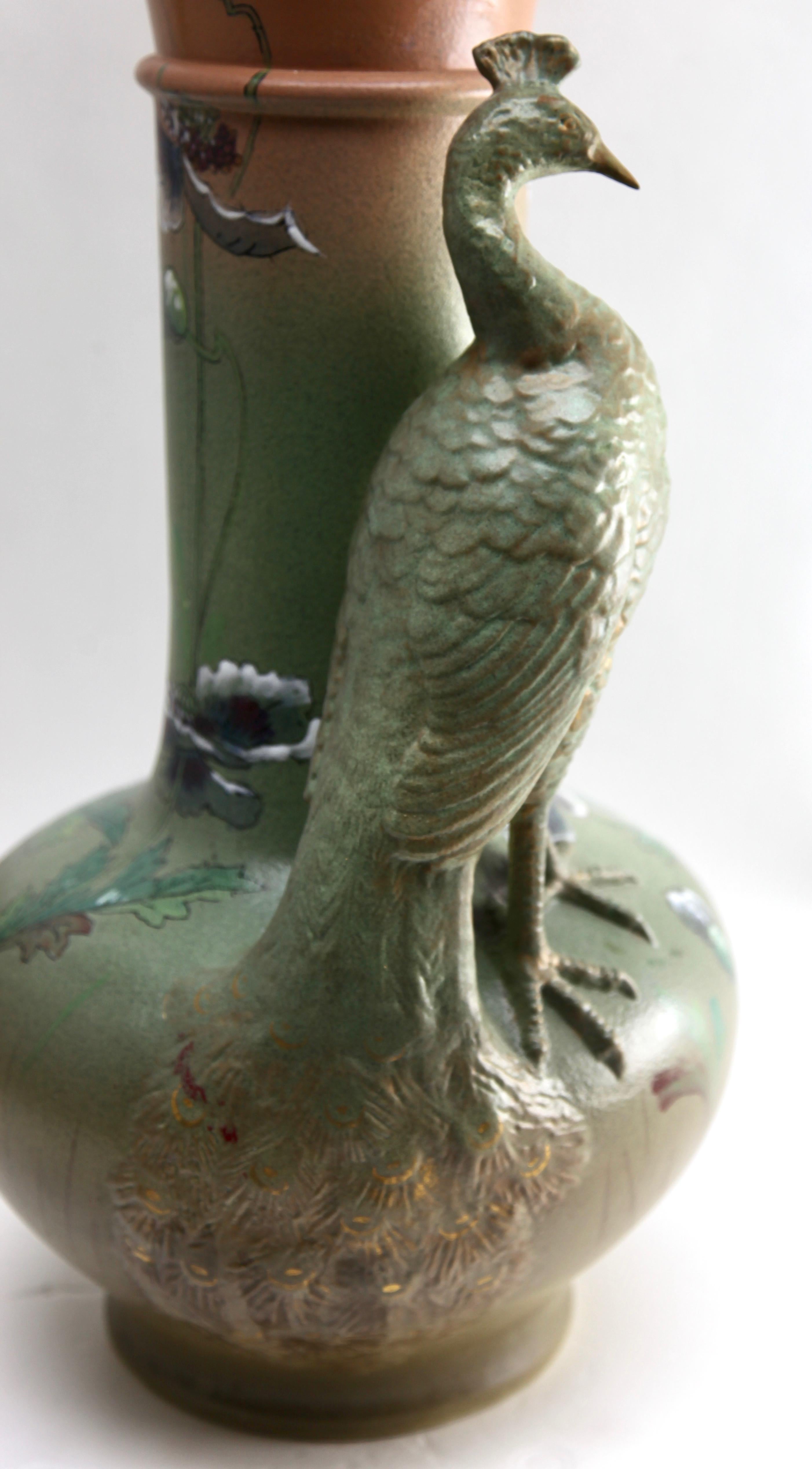 Large Art Nouveau Vase with a Sculpted Peacock and 'Opium' Poppies 1