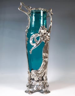 Large Art Nouveau Vase With Plasitc Figure & Original Glass, WMF Germany Ca 1910