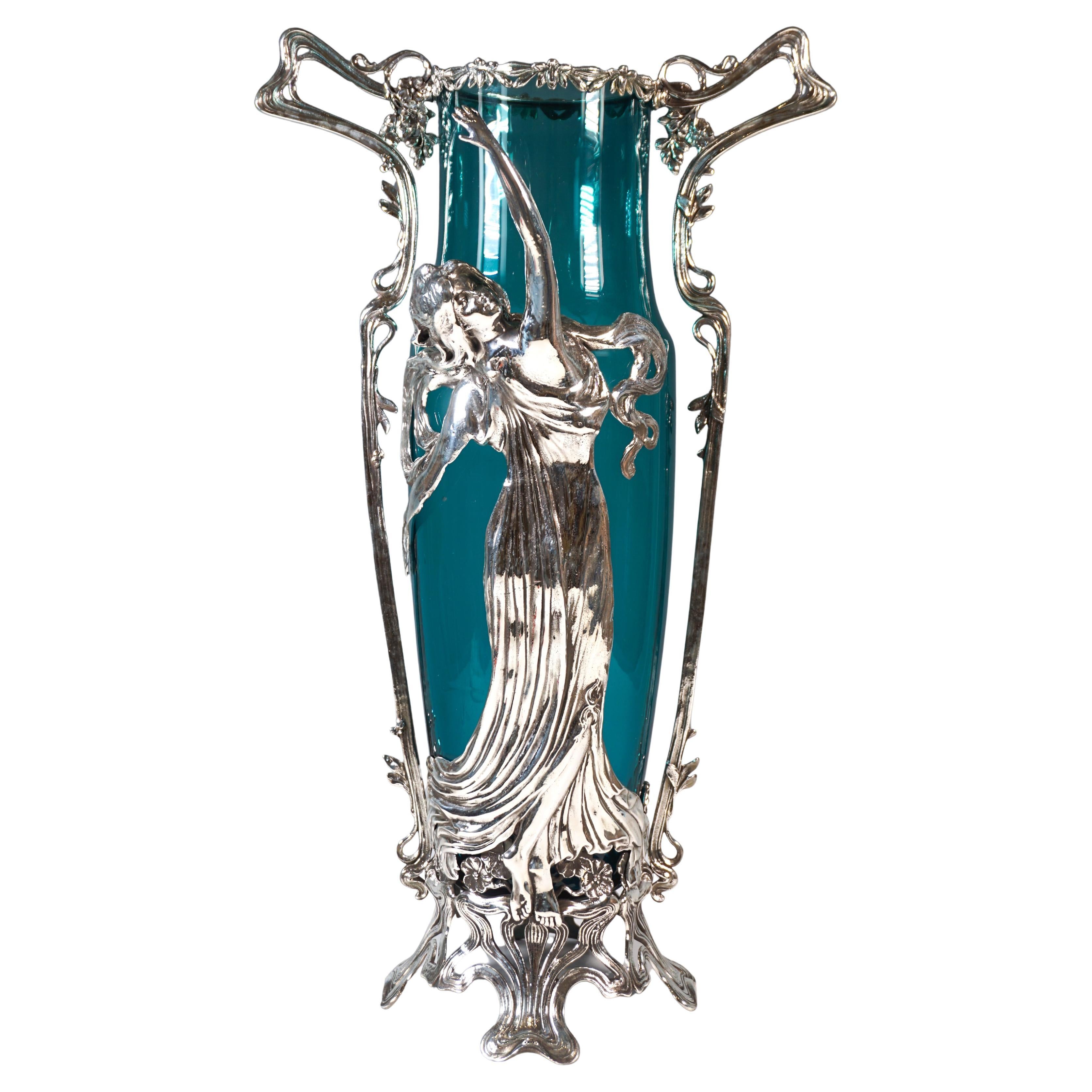 Große Jugendstilvase mit Plasitkfigur & Originalglas, WMF Deutschland um 1910 im Angebot