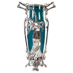 Große Jugendstilvase mit Plasitkfigur & Originalglas, WMF Deutschland um 1910