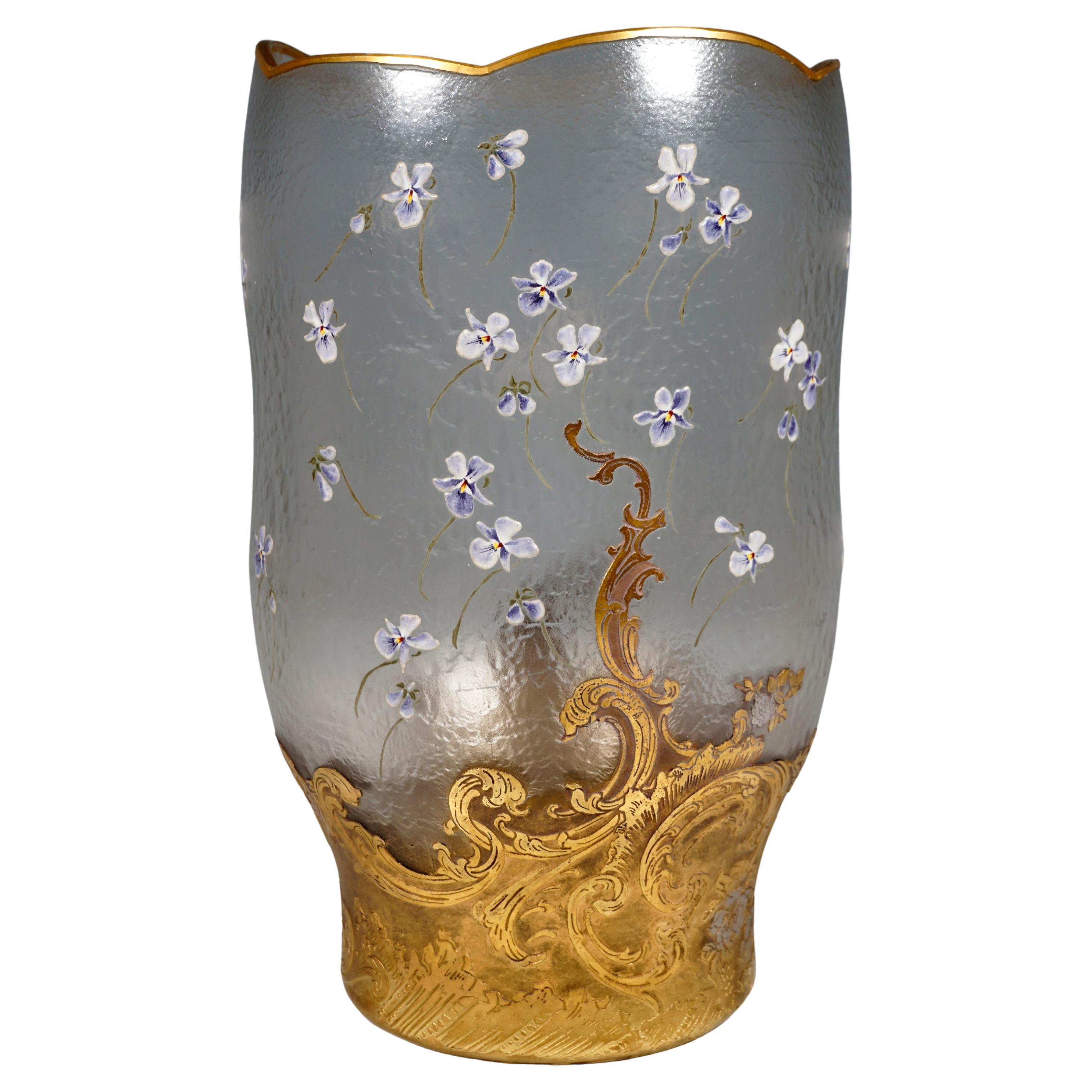 Large Art Nouveau Vase with Violet Painting & Gilding, Legras Mont Joye, France