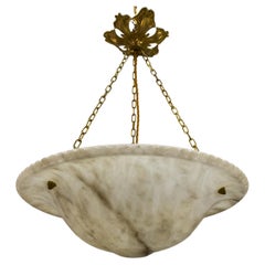 Large Art Nouveau White Alabaster, Bronze and Brass Pendant Light, ca 1920