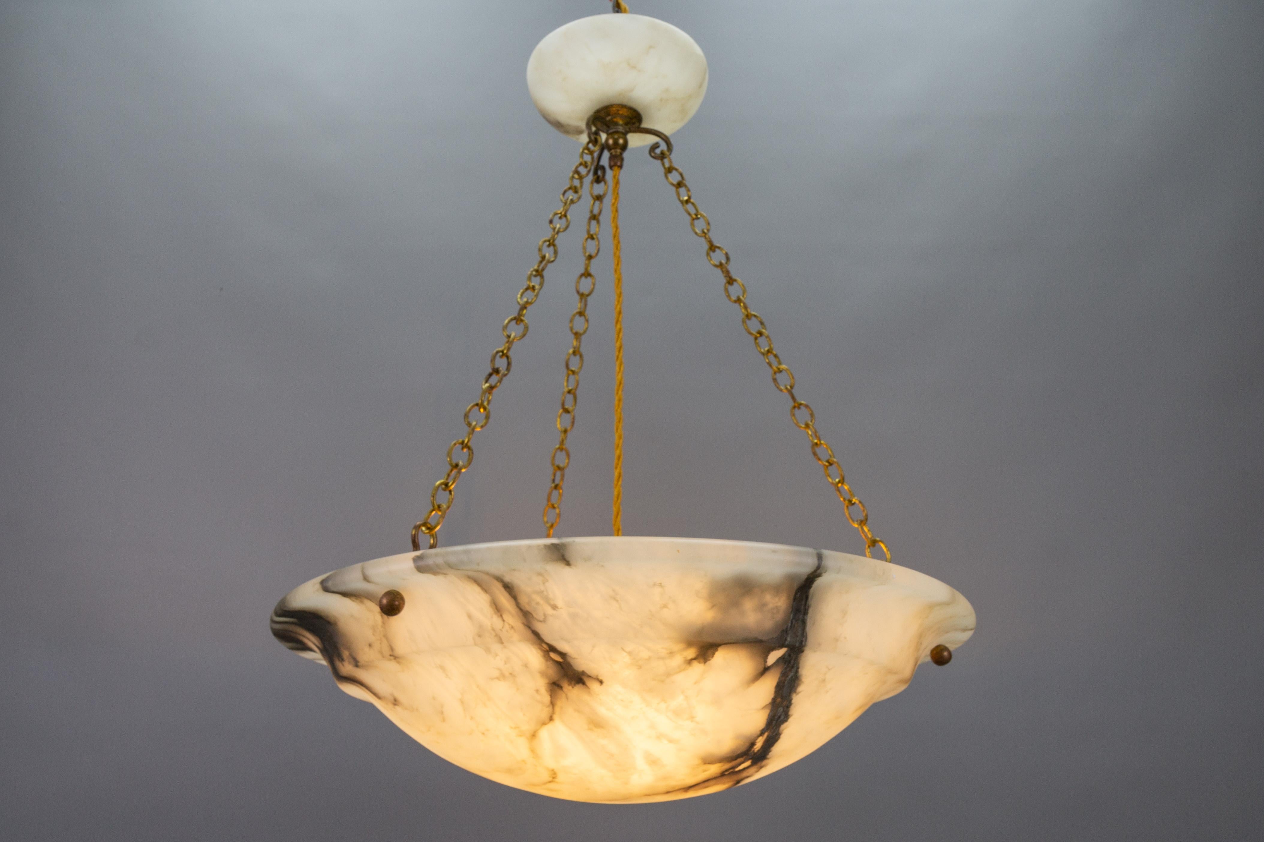 Early 20th Century Large Art Nouveau White and Black Veined Alabaster Pendant Light, ca 1920
