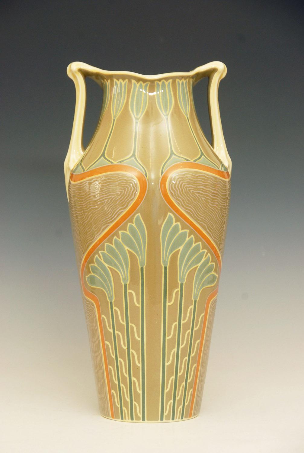 Large Art Noveau twin handled ceramic vase , hand painted , European.
Indistinct factory mark to base.
Price includes free shipping to anywhere in the world.