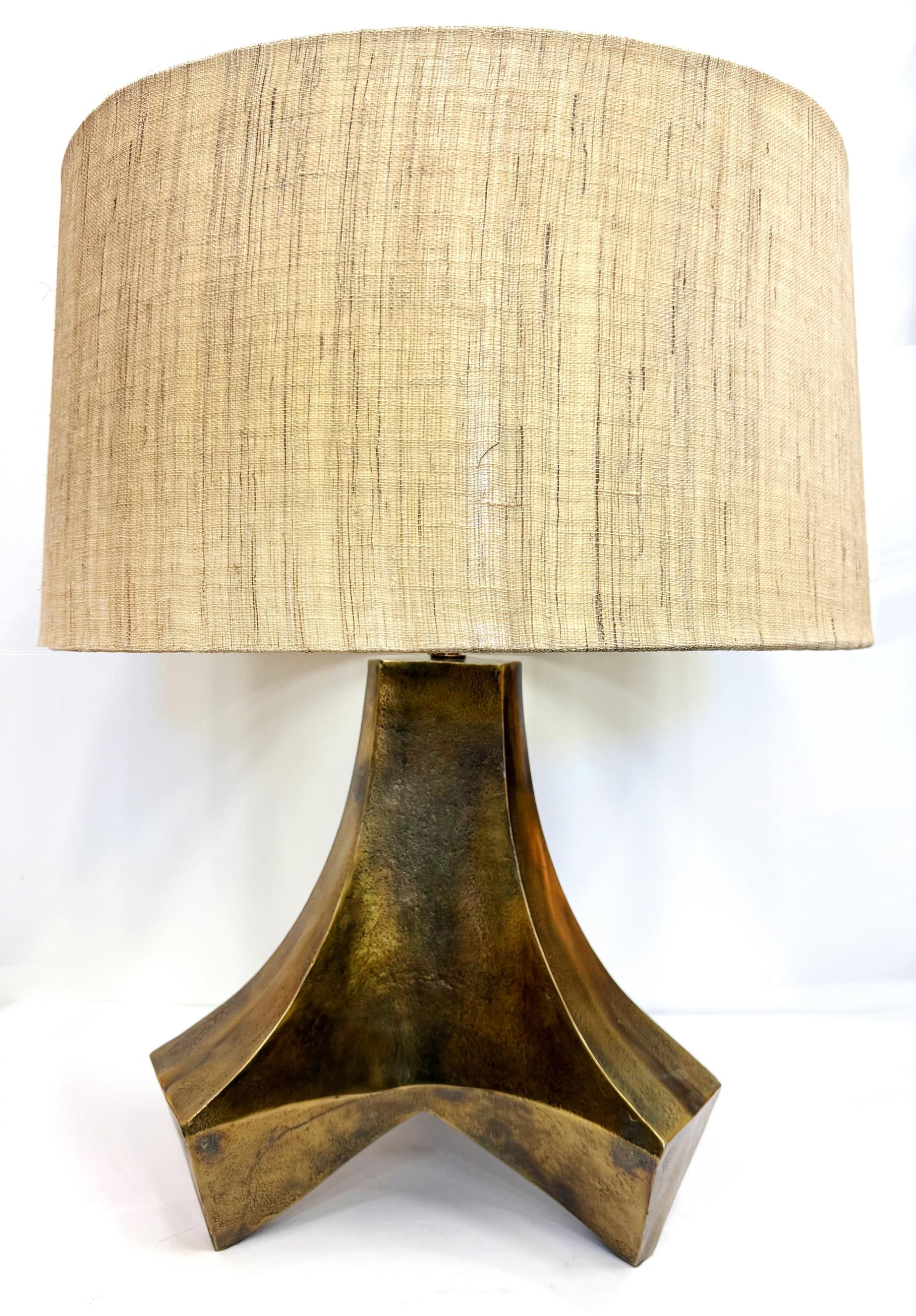 Large Arteiors Patinated Abstract Brutalist Table Lamps, Original Shades In Good Condition For Sale In Miami, FL
