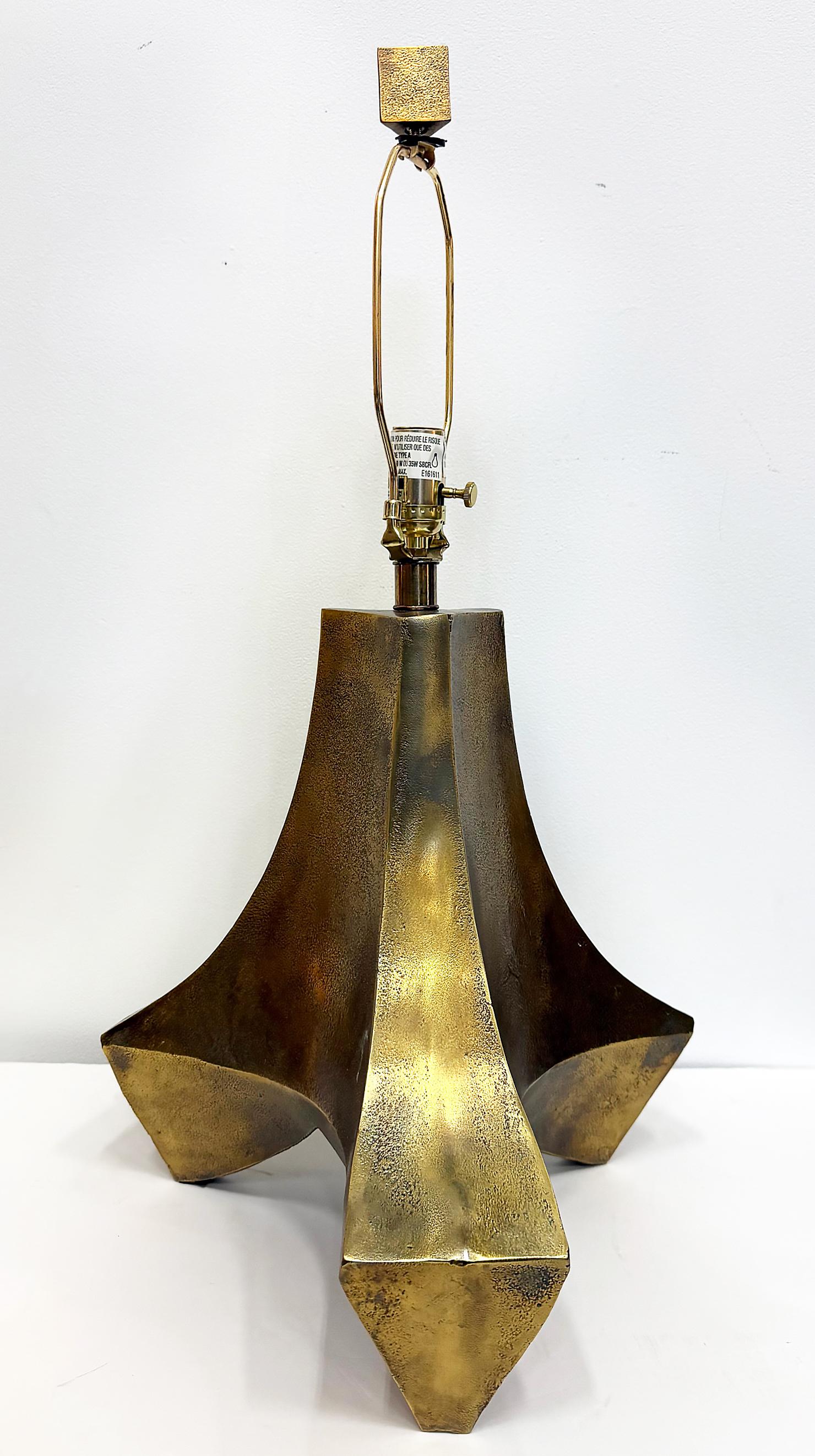 Contemporary Large Arteiors Patinated Abstract Brutalist Table Lamps, Original Shades For Sale