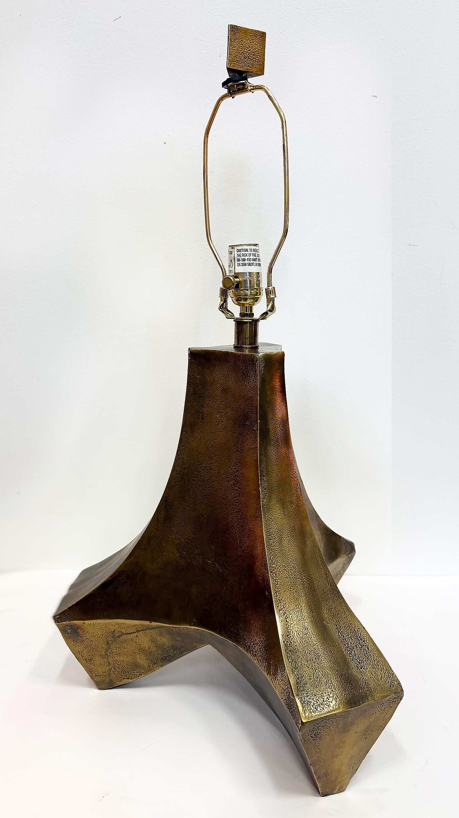 Metal Large Arteiors Patinated Abstract Brutalist Table Lamps, Original Shades For Sale