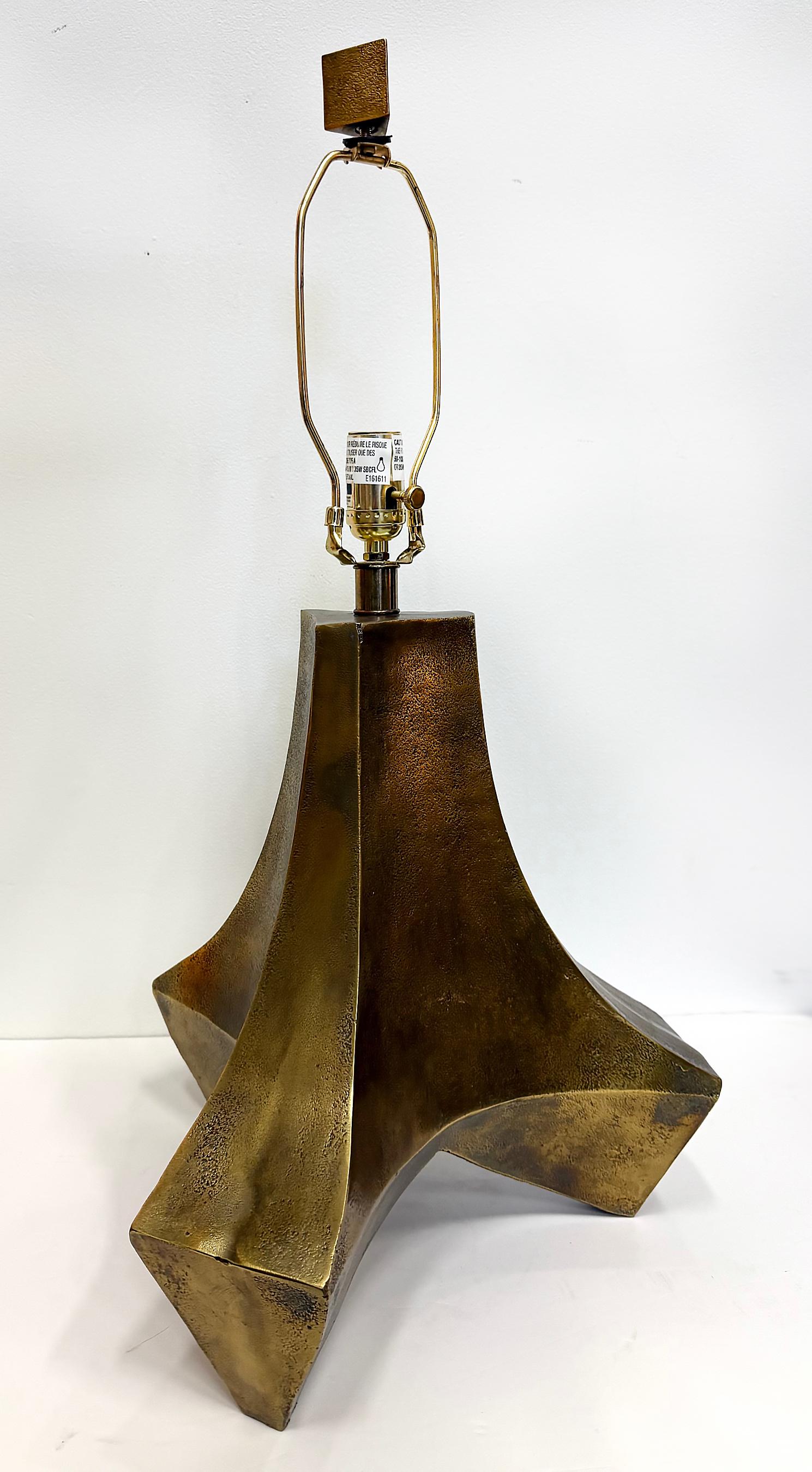 Large Arteiors Patinated Abstract Brutalist Table Lamps, Original Shades For Sale 1