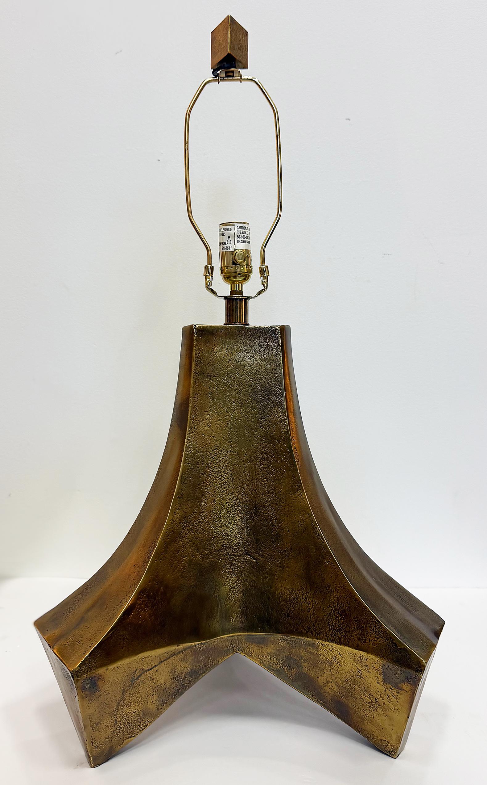 Large Arteiors Patinated Abstract Brutalist Table Lamps, Original Shades For Sale 2