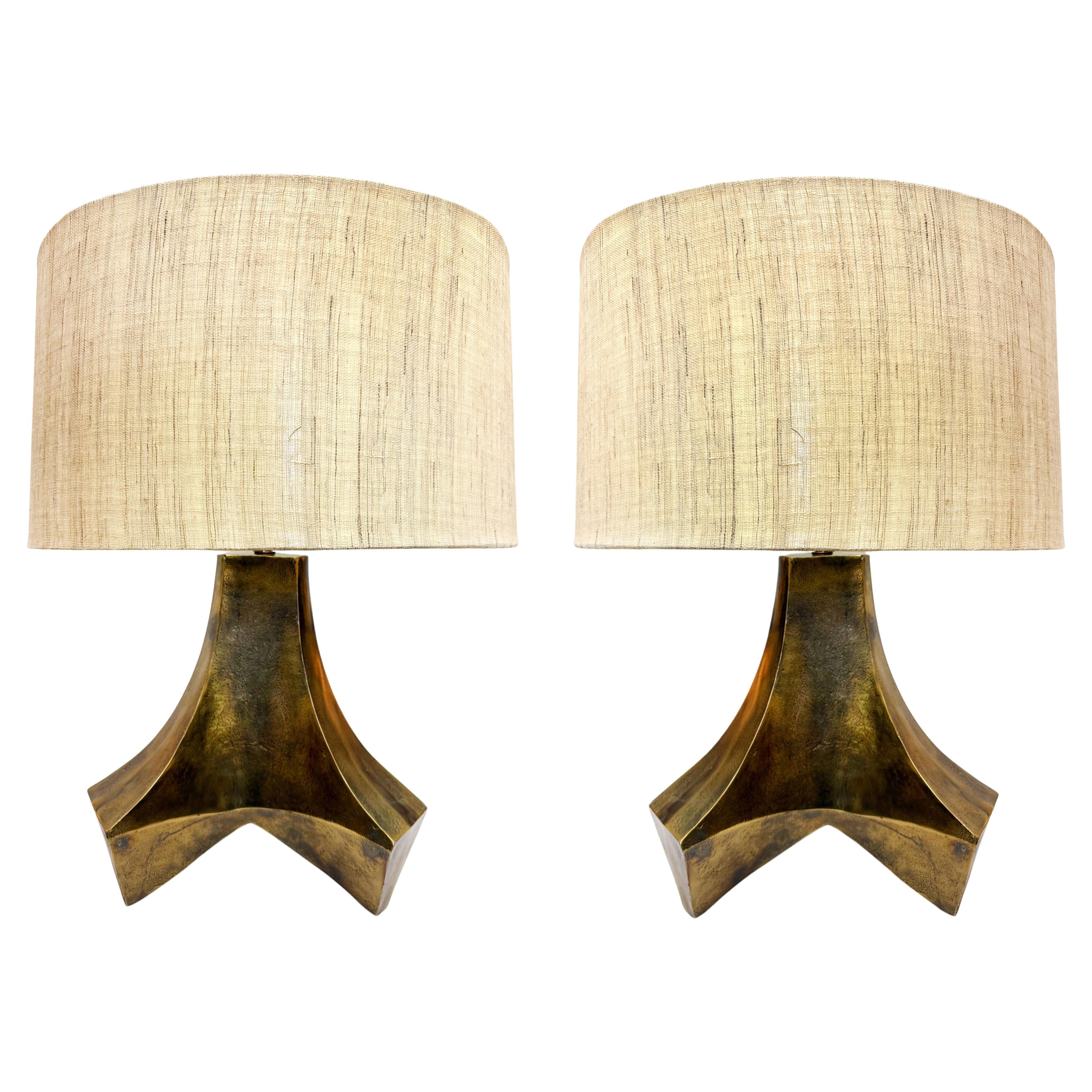 Large Arteiors Patinated Abstract Brutalist Table Lamps, Original Shades For Sale