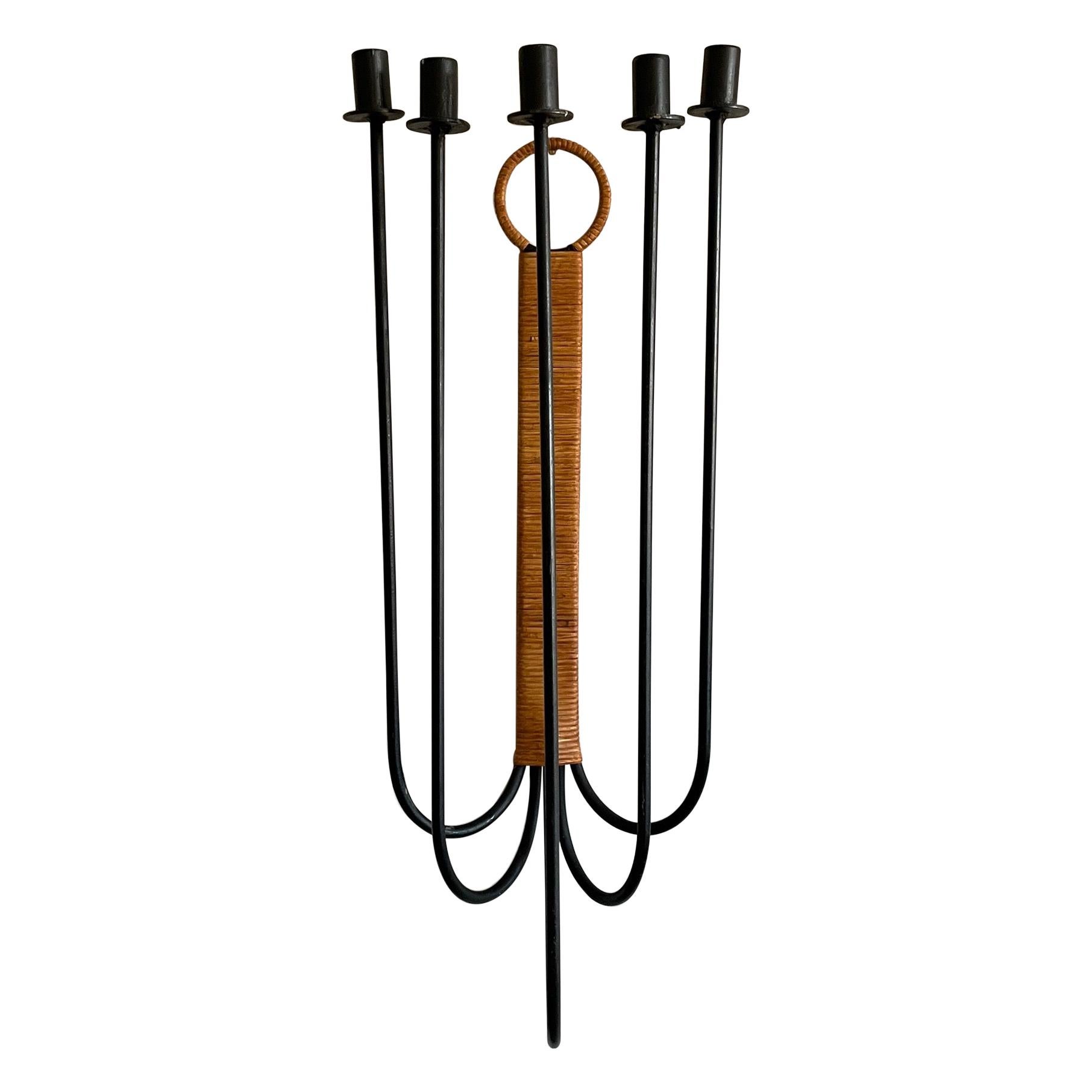 Large Arthur Umanoff for Raymor Wrought Iron and Rattan Sconce