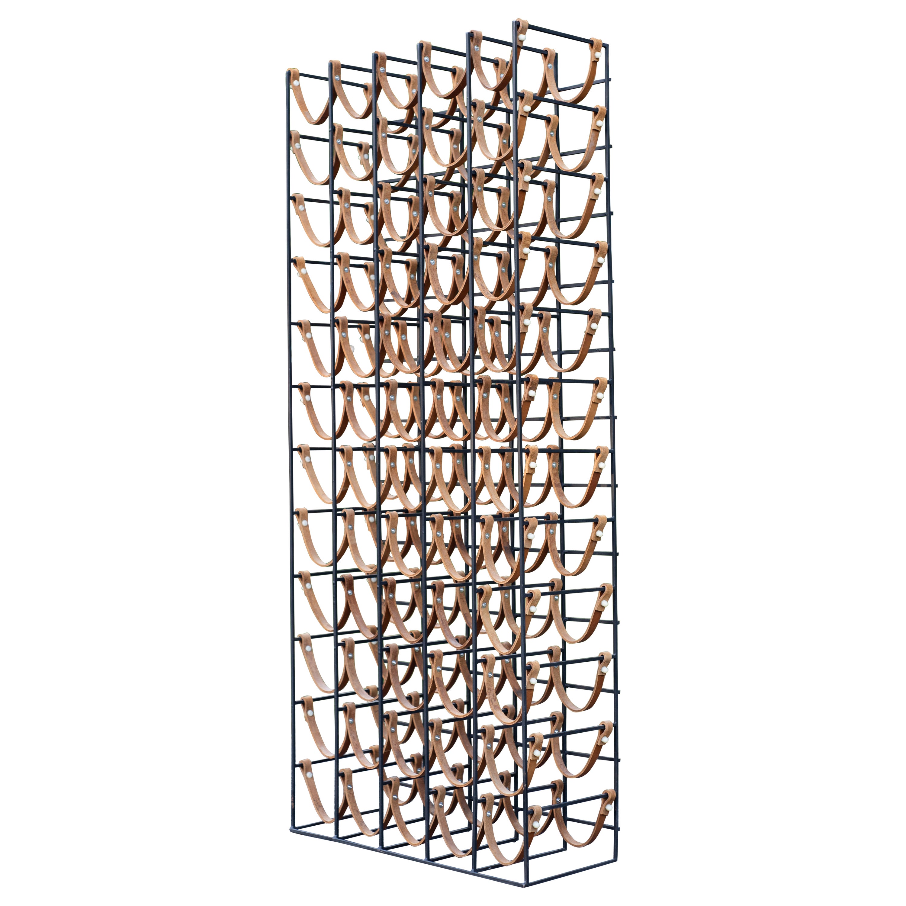 Large Arthur Umanoff Welded Steel 
Leather 60-Bottle Wine Rack, 1950s, USA