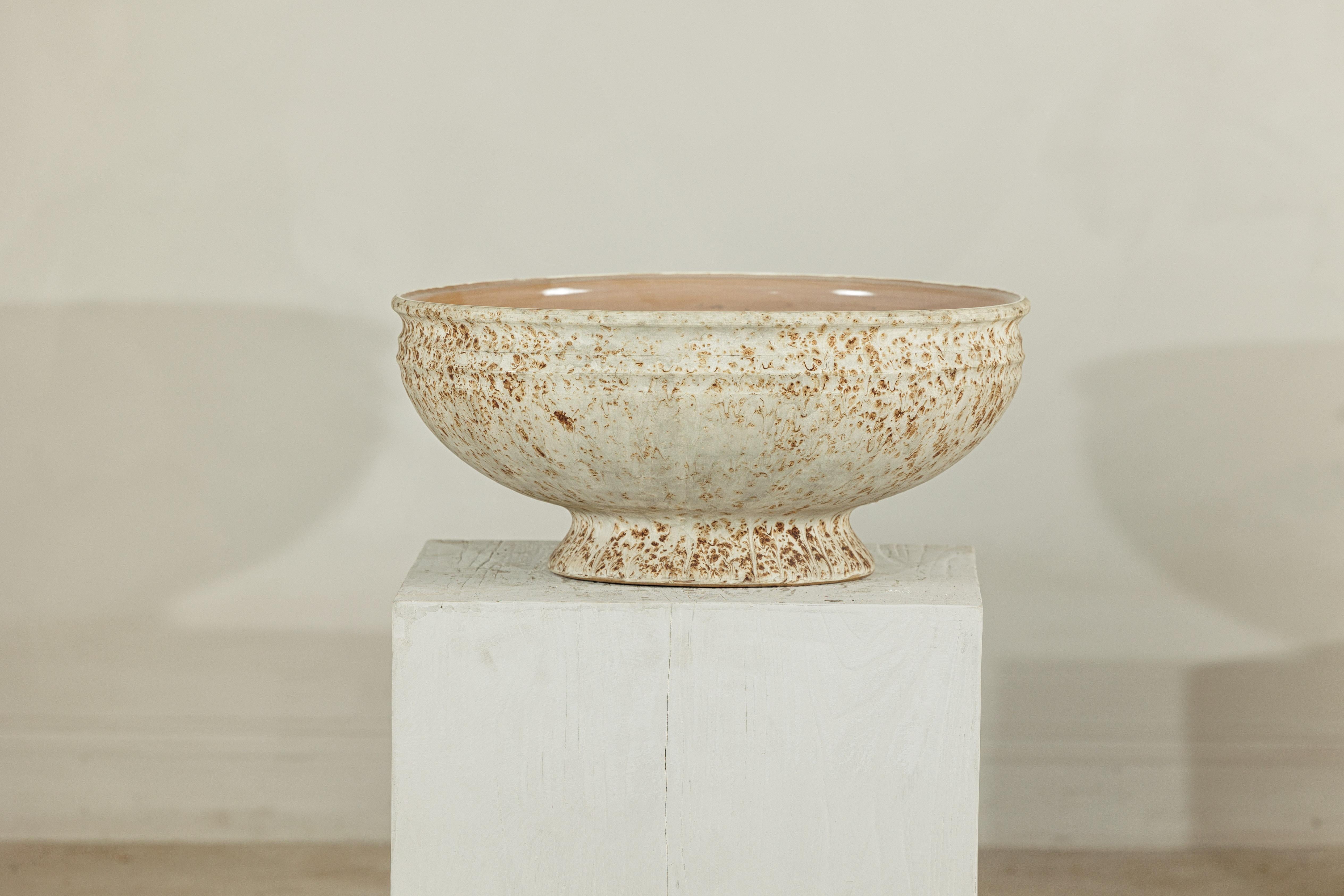 Large Artisan Ceramic Bowl with Cream and Sand Textured Glaze on Pedestal Base For Sale 6