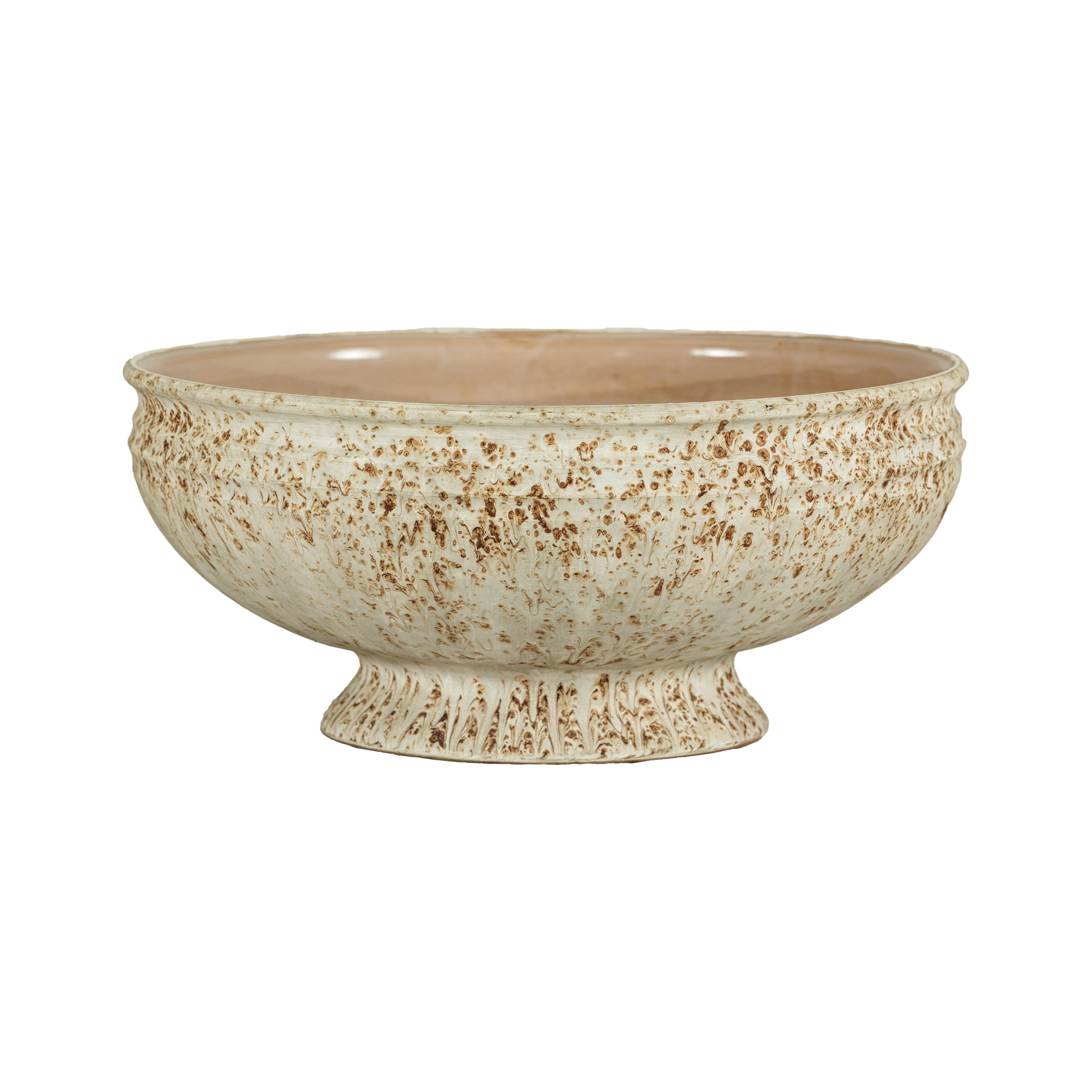 Large Artisan Ceramic Bowl with Cream and Sand Textured Glaze on Pedestal Base For Sale 7