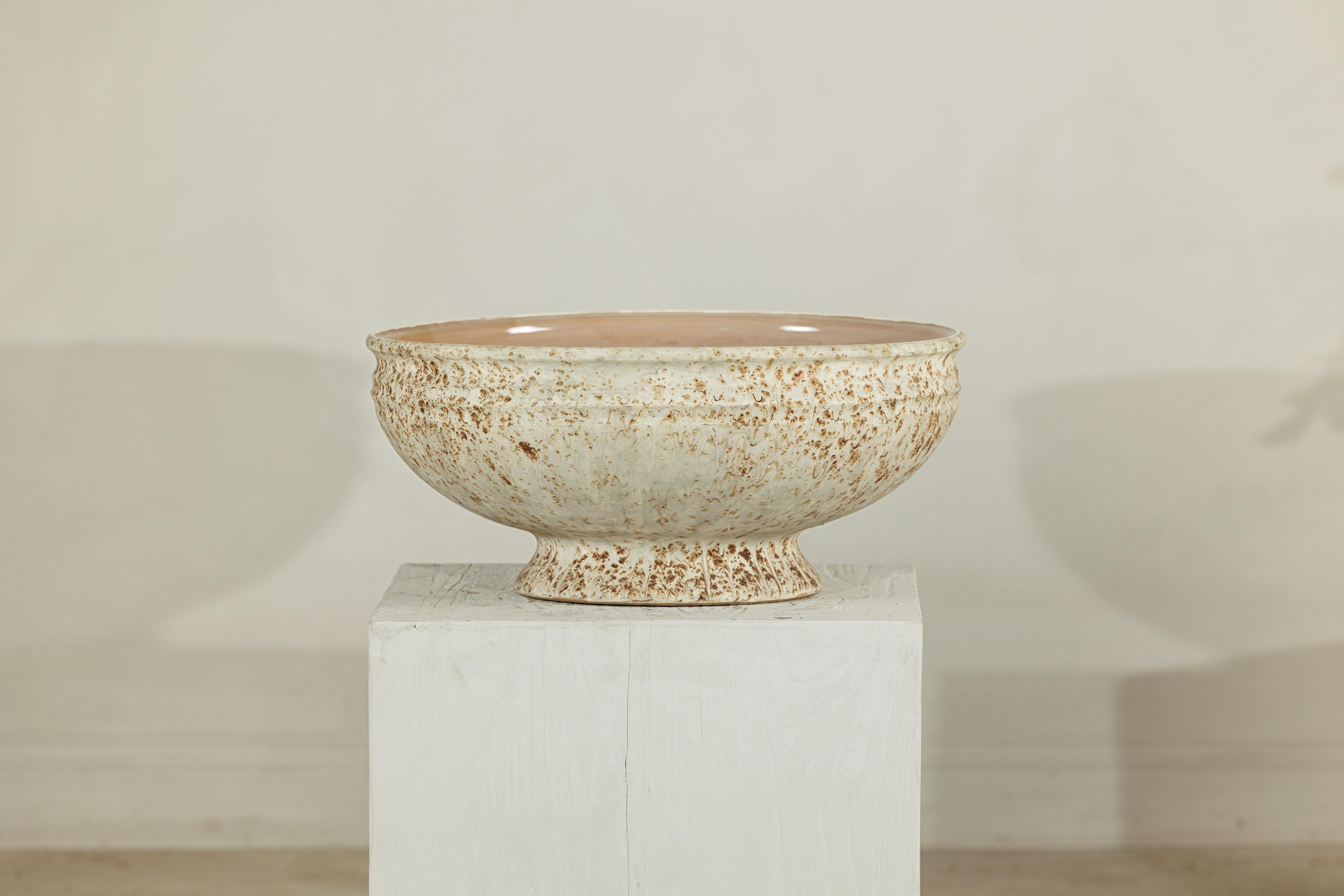 Glazed Large Artisan Ceramic Bowl with Cream and Sand Textured Glaze on Pedestal Base For Sale