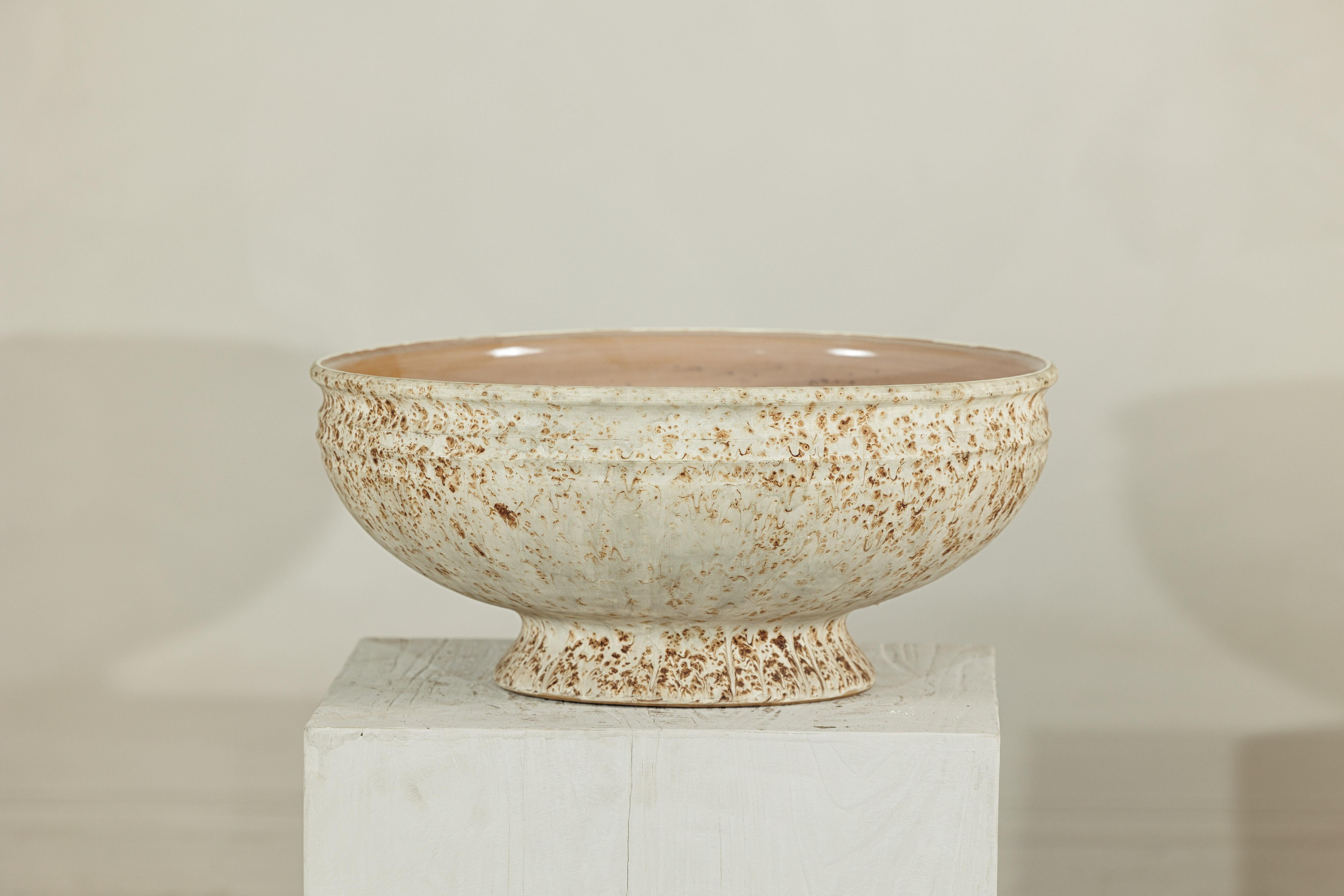 Large Artisan Ceramic Bowl with Cream and Sand Textured Glaze on Pedestal Base In Good Condition For Sale In Yonkers, NY