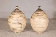 Large Artisan Ceramic Floor Vases with Cream and Brown Swirled Glaze (Sold Each)