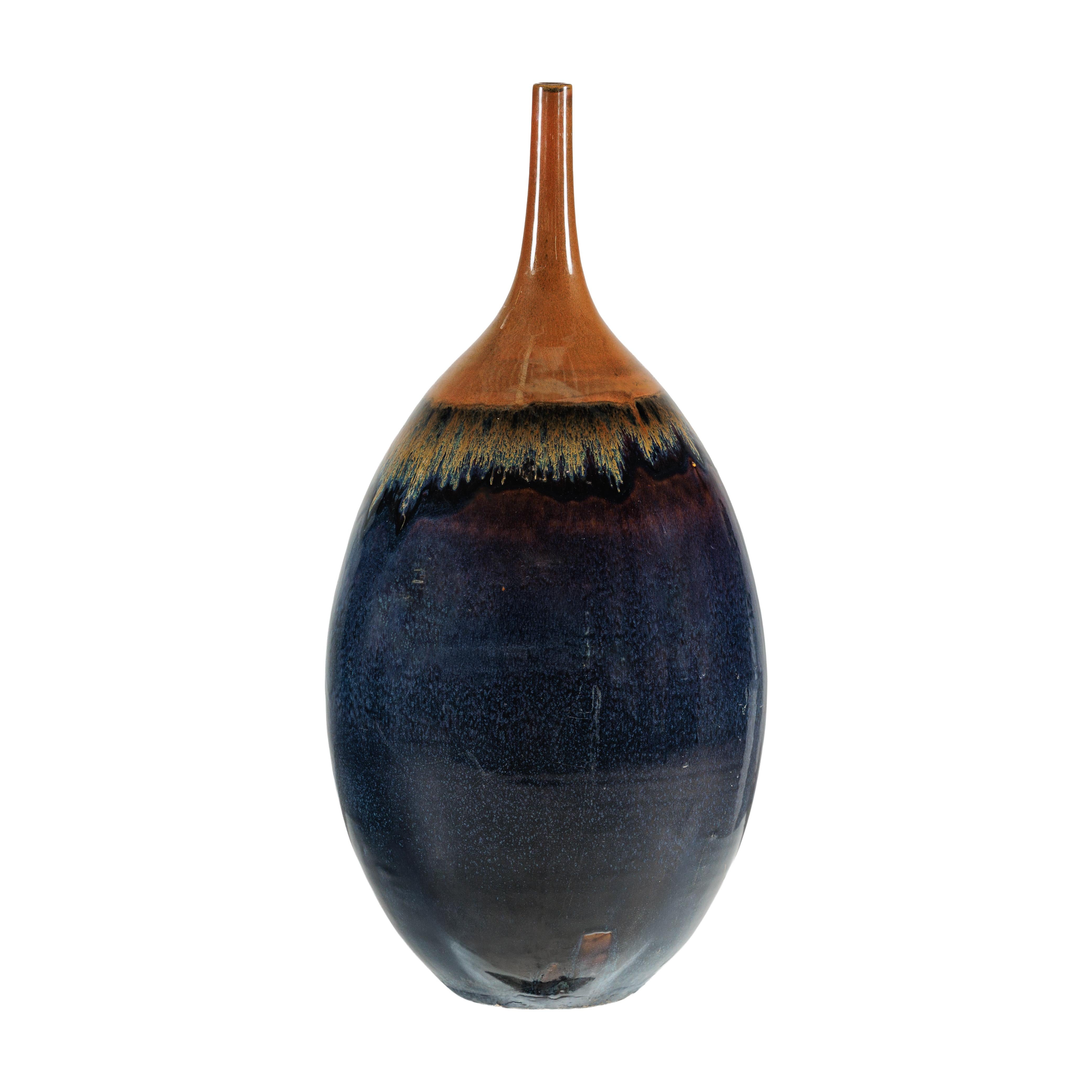 Large Artisan Ceramic Vase in Midnight Blue with Brown Tapered Neck in vendita 9