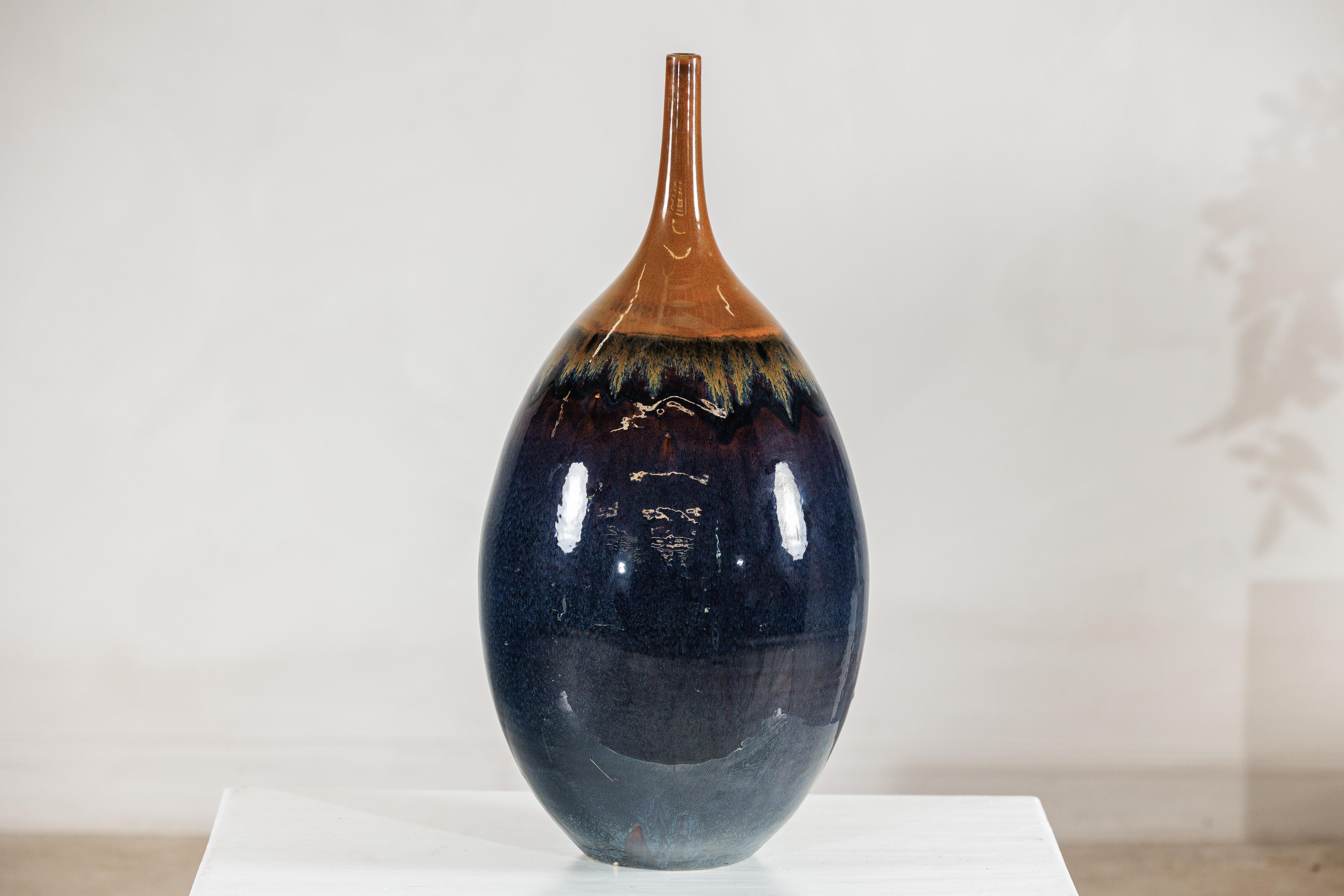 Smaltato Large Artisan Ceramic Vase in Midnight Blue with Brown Tapered Neck in vendita