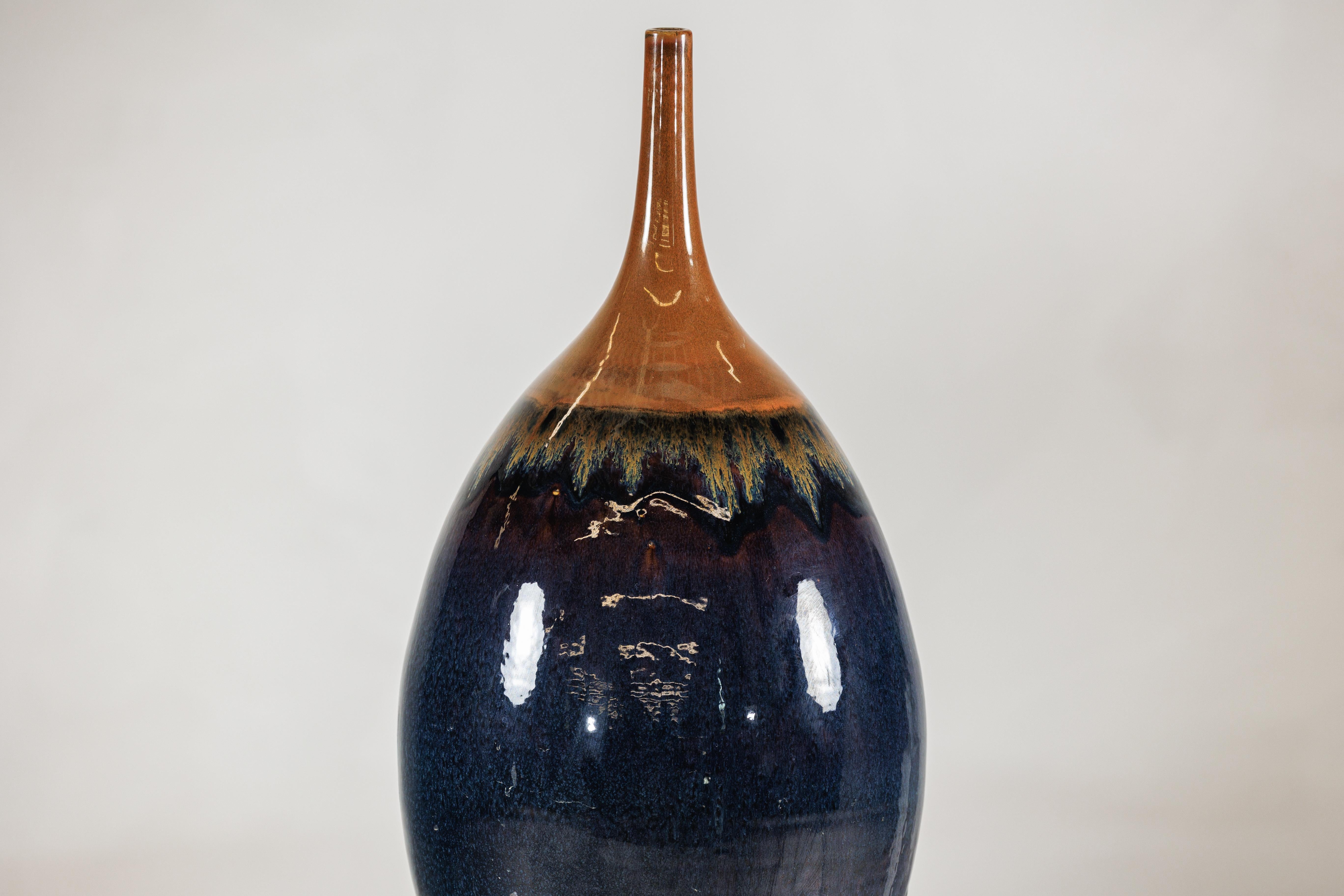Large Artisan Ceramic Vase in Midnight Blue with Brown Tapered Neck In condizioni buone in vendita a Yonkers, NY