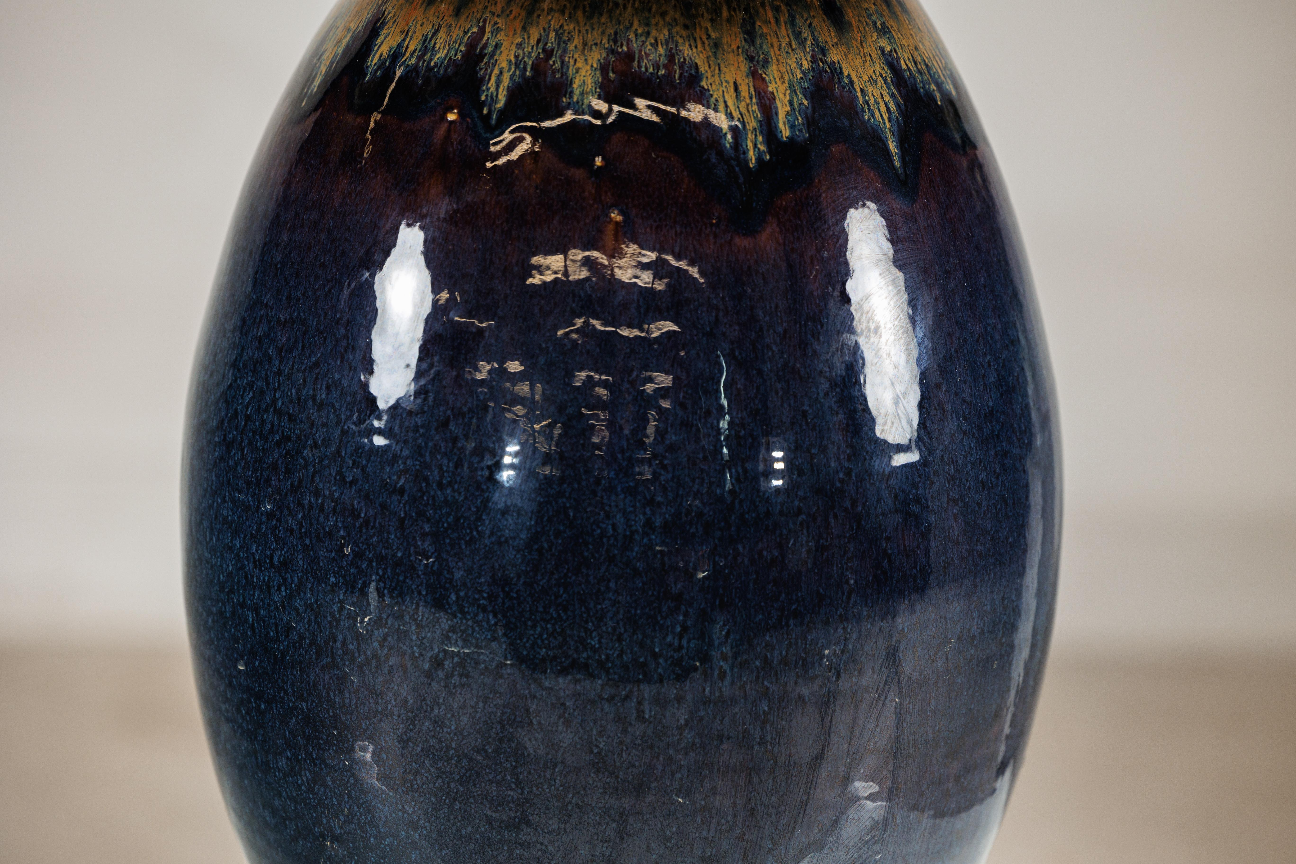 XX secolo Large Artisan Ceramic Vase in Midnight Blue with Brown Tapered Neck in vendita