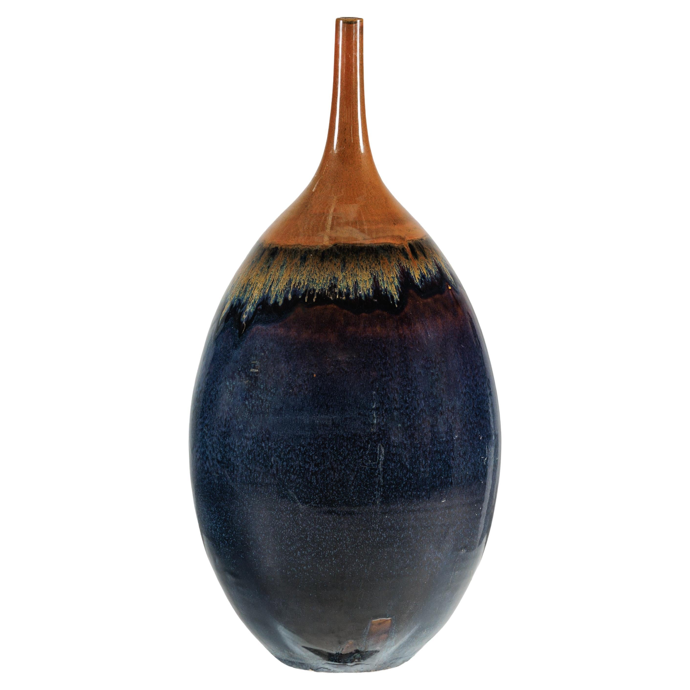 Large Artisan Ceramic Vase in Midnight Blue with Brown Tapered Neck