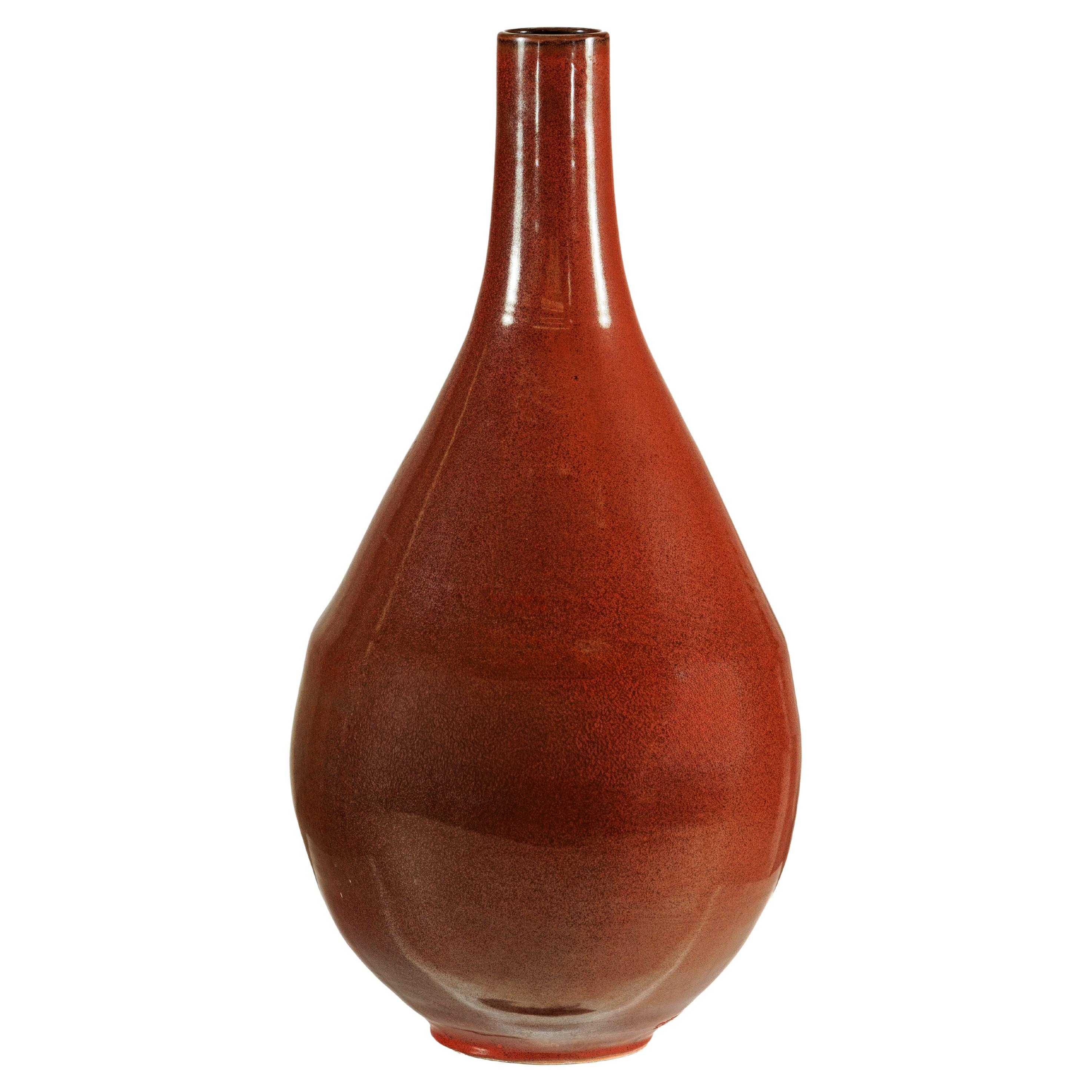 Large Artisan Ceramic Vase in Rich Brown Glaze with Teardrop Silhouette