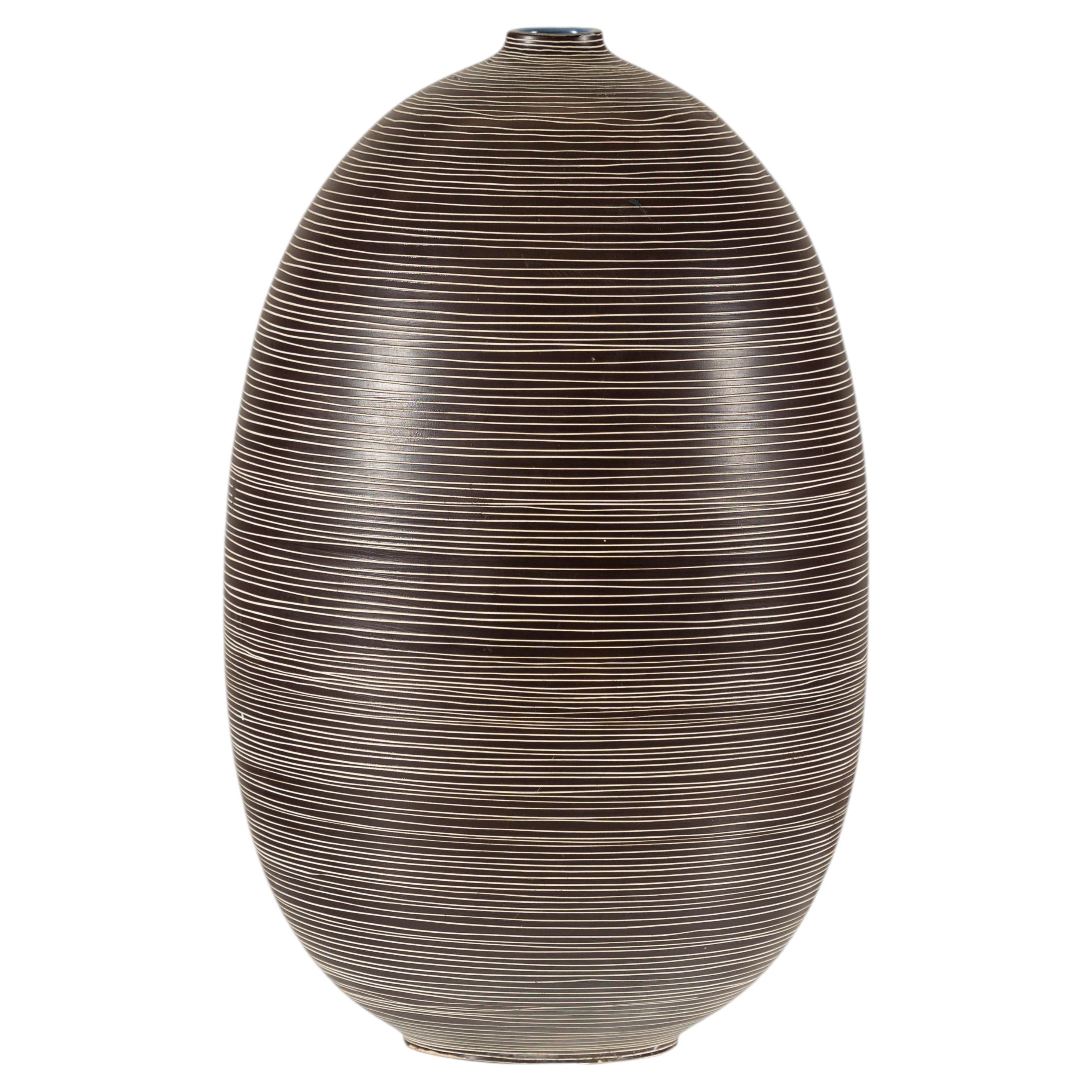Large Artisan Ceramic Vase with Fine Linear Decoration in Brown and Cream