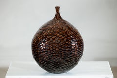 Large Artisan Ceramic Vase with Glossy Honeycomb Texture in Deep Brown Tones