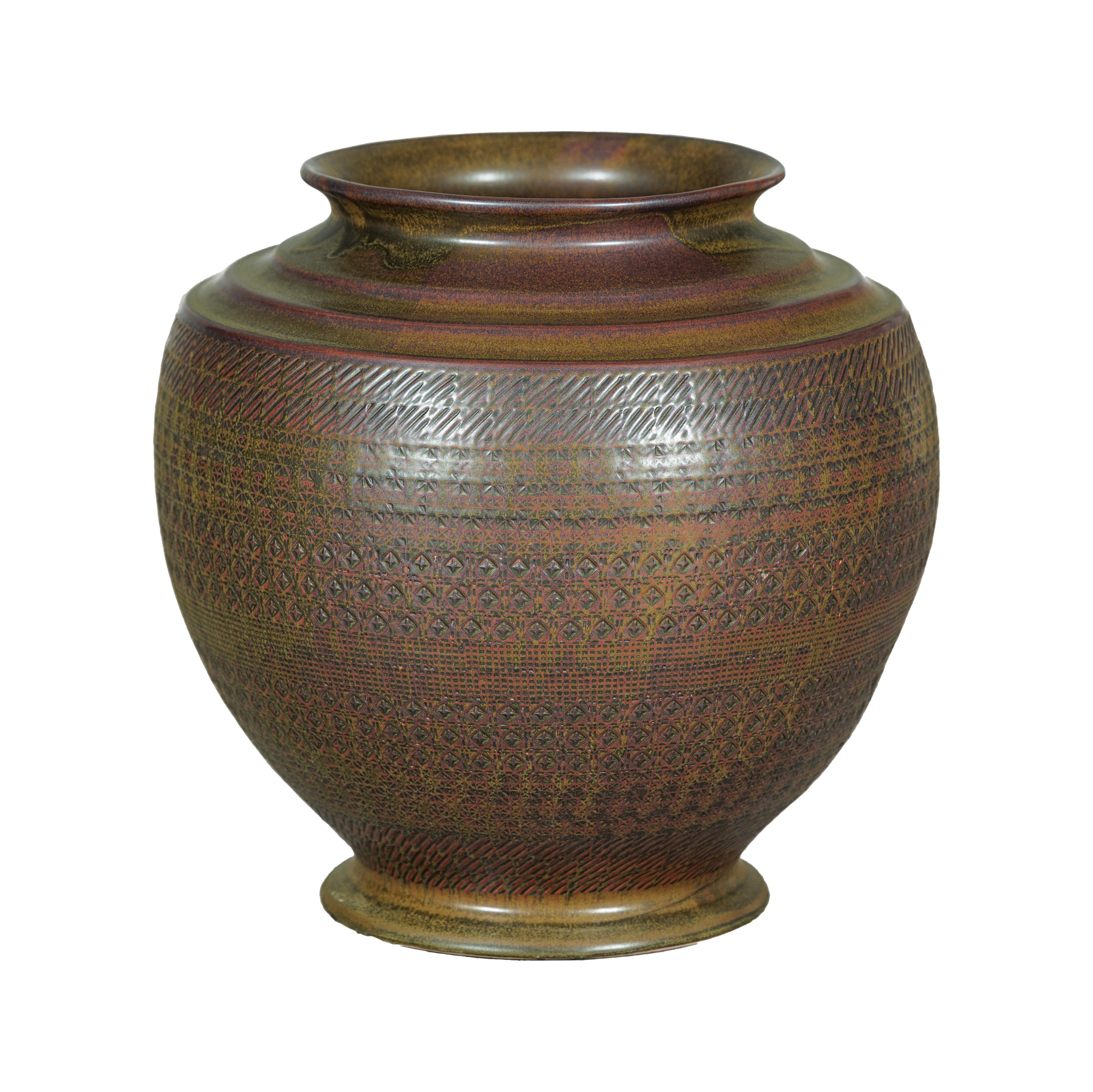 Große handwerkliche Keramikvase mit kompliziertem, strukturiertem Muster in Braun, Grün und im Angebot 8