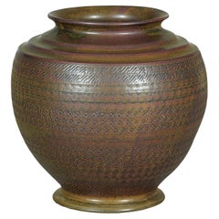 Large Artisan Ceramic Vase with Intricate Textured Pattern in Brown, Green, and