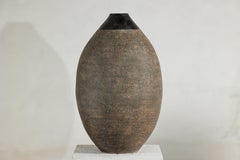Large Artisan Ceramic Vase with Matte Black Neck and Textured Brown Body