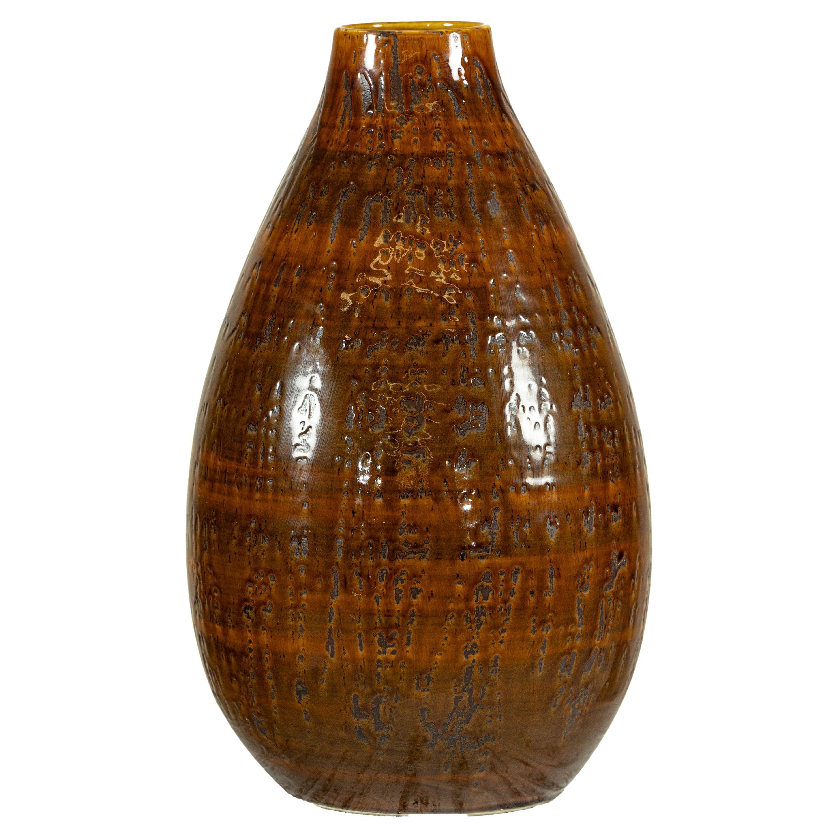 Large Artisan Ceramic Vase with Textured Amber-Brown Glaze and Teardrop Form