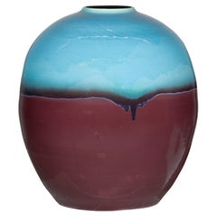 Large Artisan Ceramic Vase with Turquoise Crackle Glaze and Deep Brown Ground