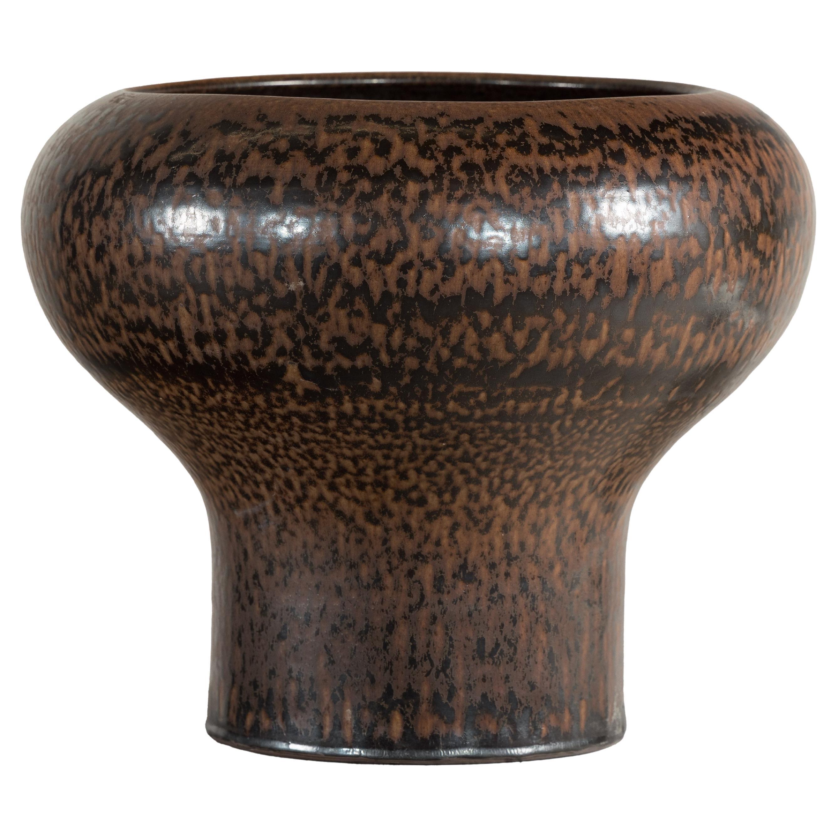 Large Artisan Ceramic Vase with Wide Mouth and Speckled Brown Glaze