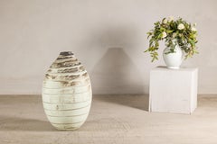 Large Artisan Cream Glazed Ceramic Vase with Brown Striated Bands