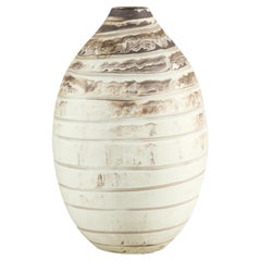 Large Artisan Cream Glazed Ceramic Vase with Brown Striated Bands