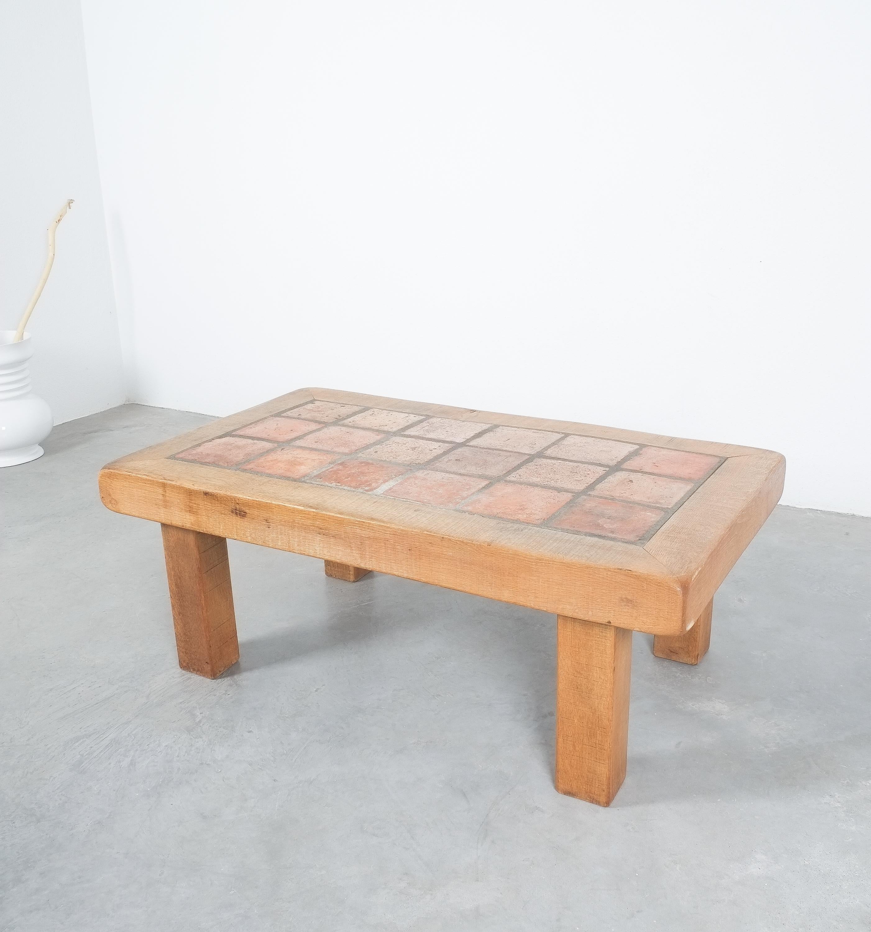 Large Artisan Oak Terracotta Coffee or Outdoor Table, France, 1950 3
